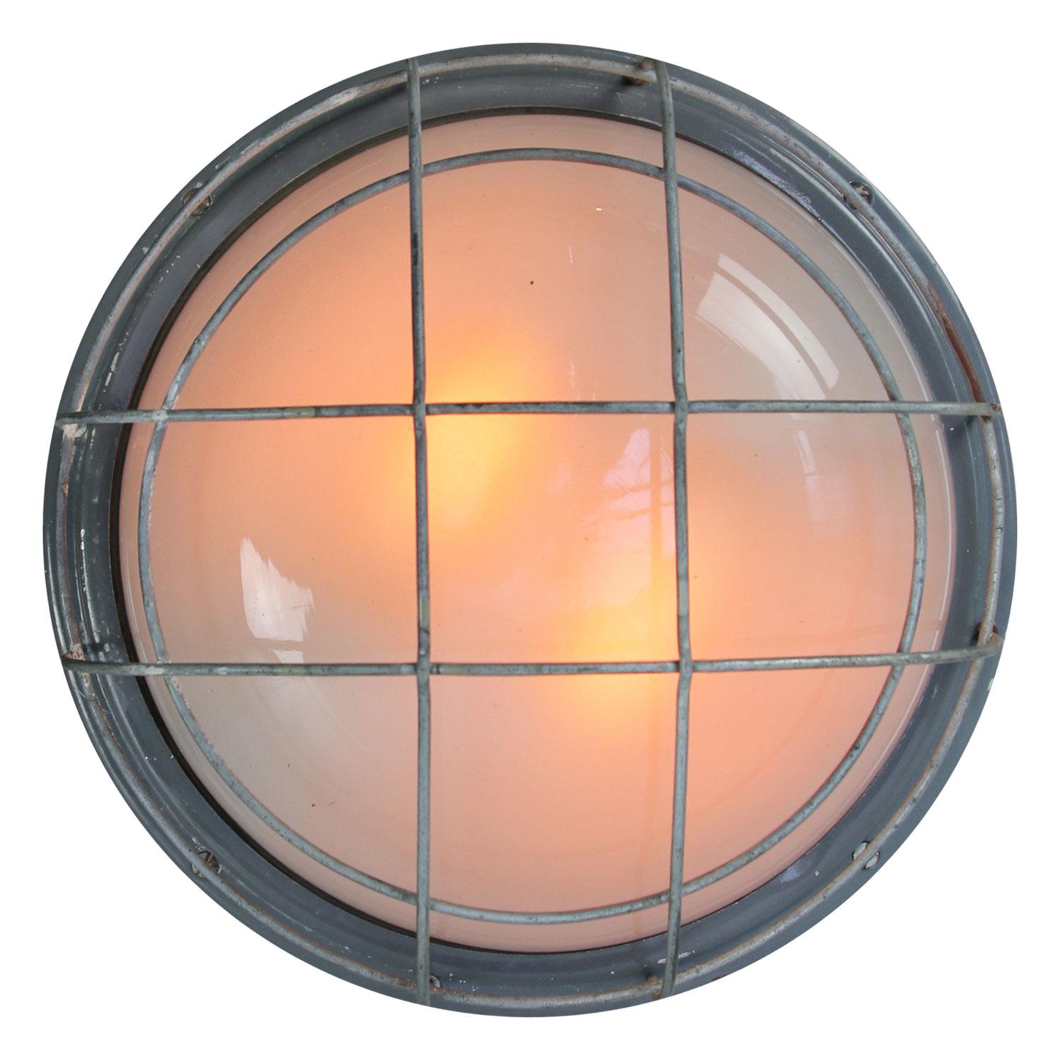 Round Gray Metal Vintage Industrial Frosted Glass Wall Lamp Scone In Good Condition For Sale In Amsterdam, NL