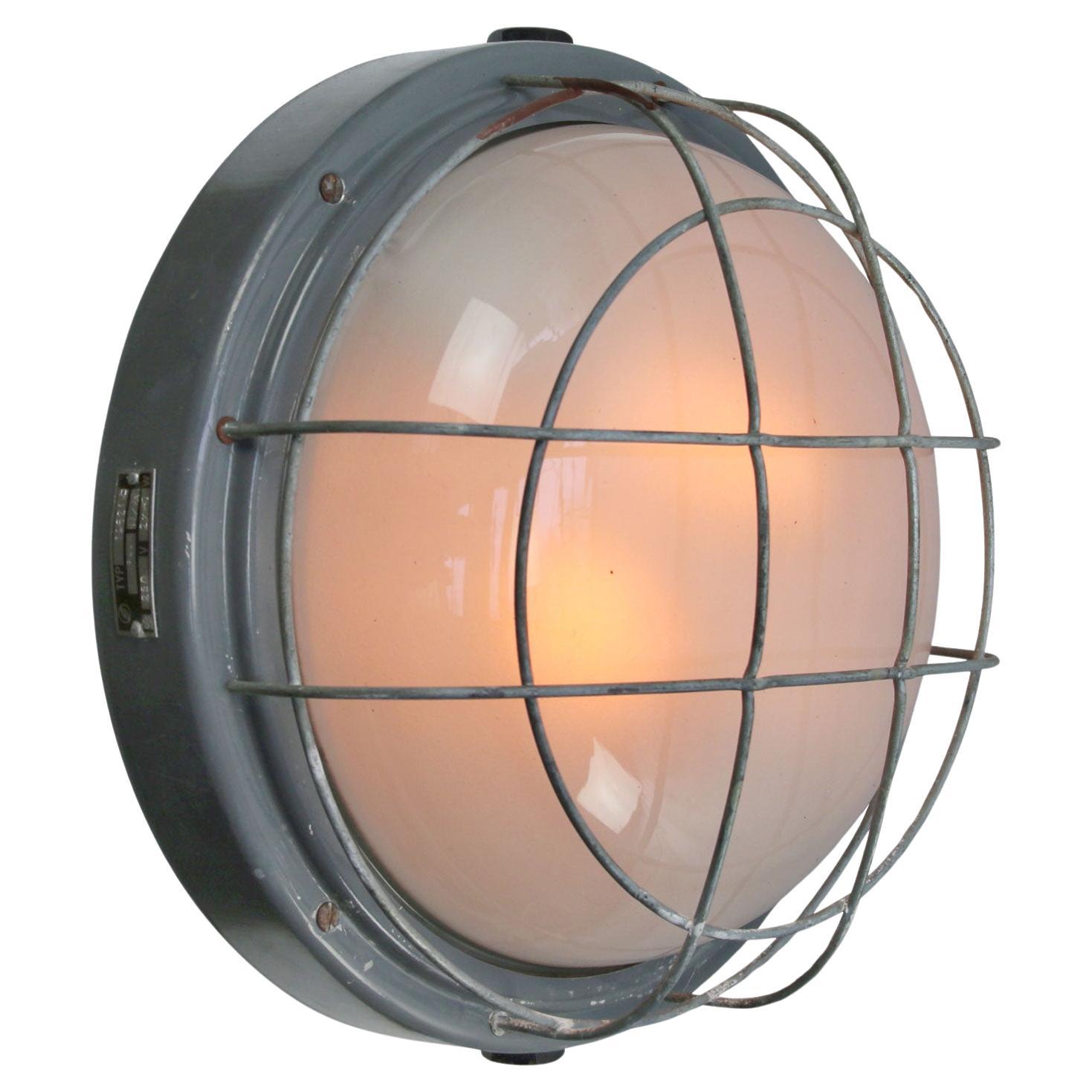 Round Gray Metal Vintage Industrial Frosted Glass Wall Lamp Scone For Sale