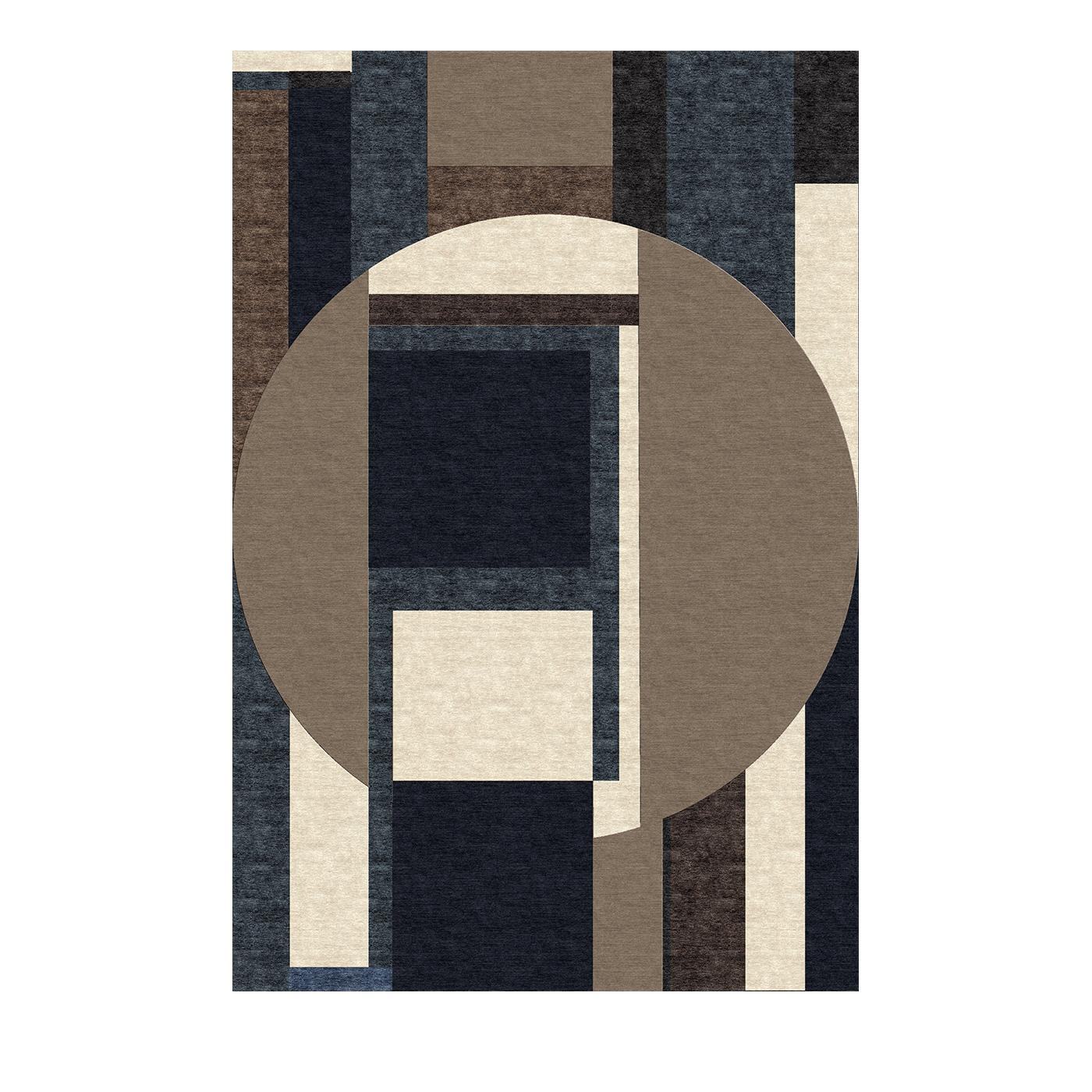 Reminiscent of modern abstract art, this rug is a captivating dance of color and form. A demure color palette of gray, beige, black, brown, and dark blue is masterfully woven with high-quality wool and bamboo fibers using Tibetan hand-knotting