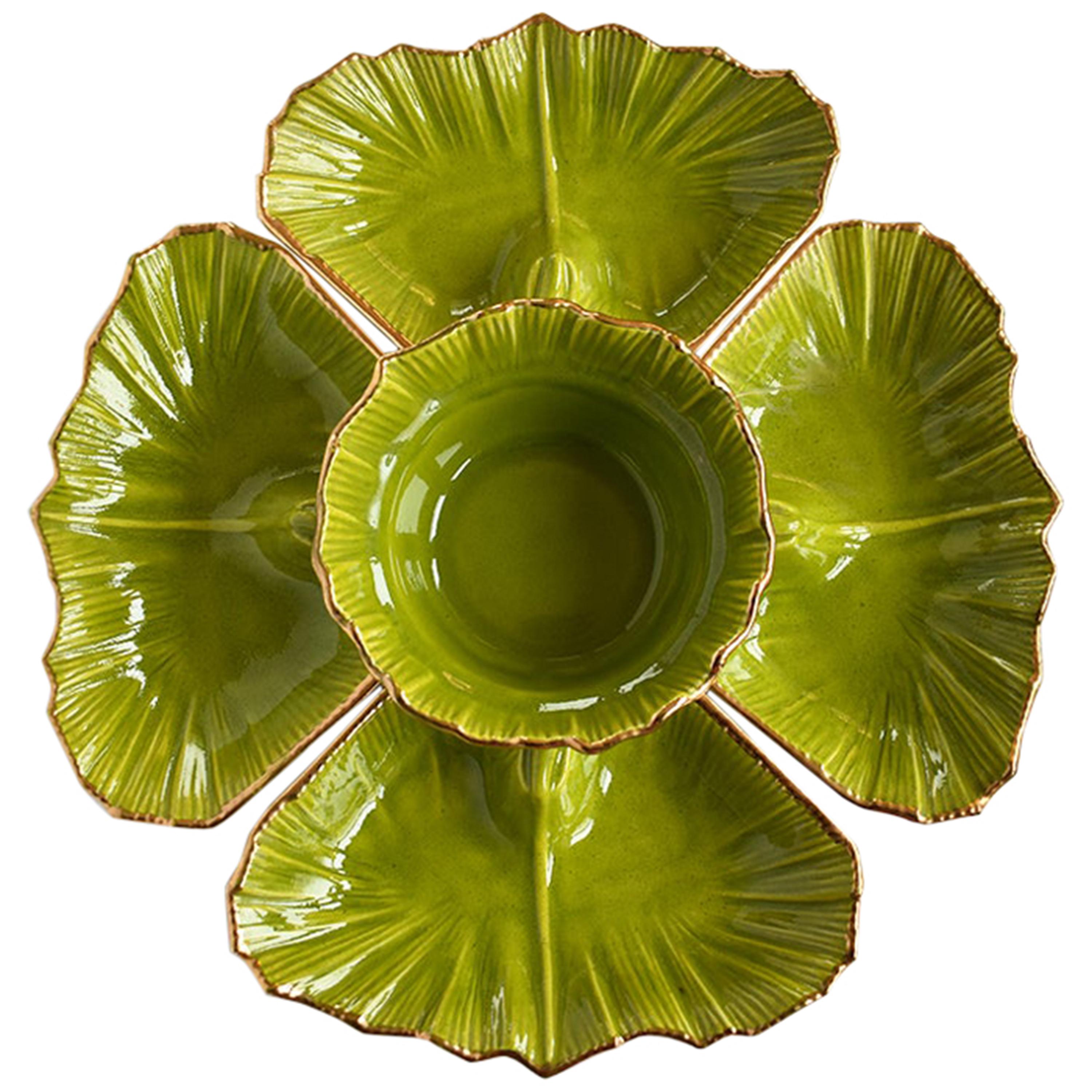 Round Green 5-Piece Lettuce Motif Chip and Dip Platter with Gold Edges, 1970s