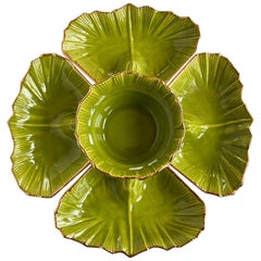 Vintage Round Green 5-Piece Lettuce Motif Chip and Dip Platter with Gold Edges, 1970s