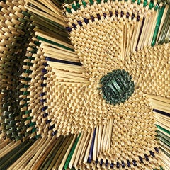 Round Green and Natural Woven Tribal Bowl Basket with Handles and Pattern