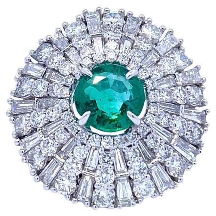 Round Green Emerald 1.78CT Mix Shape Diamonds 3.62CT in 18K White Gold Ring 