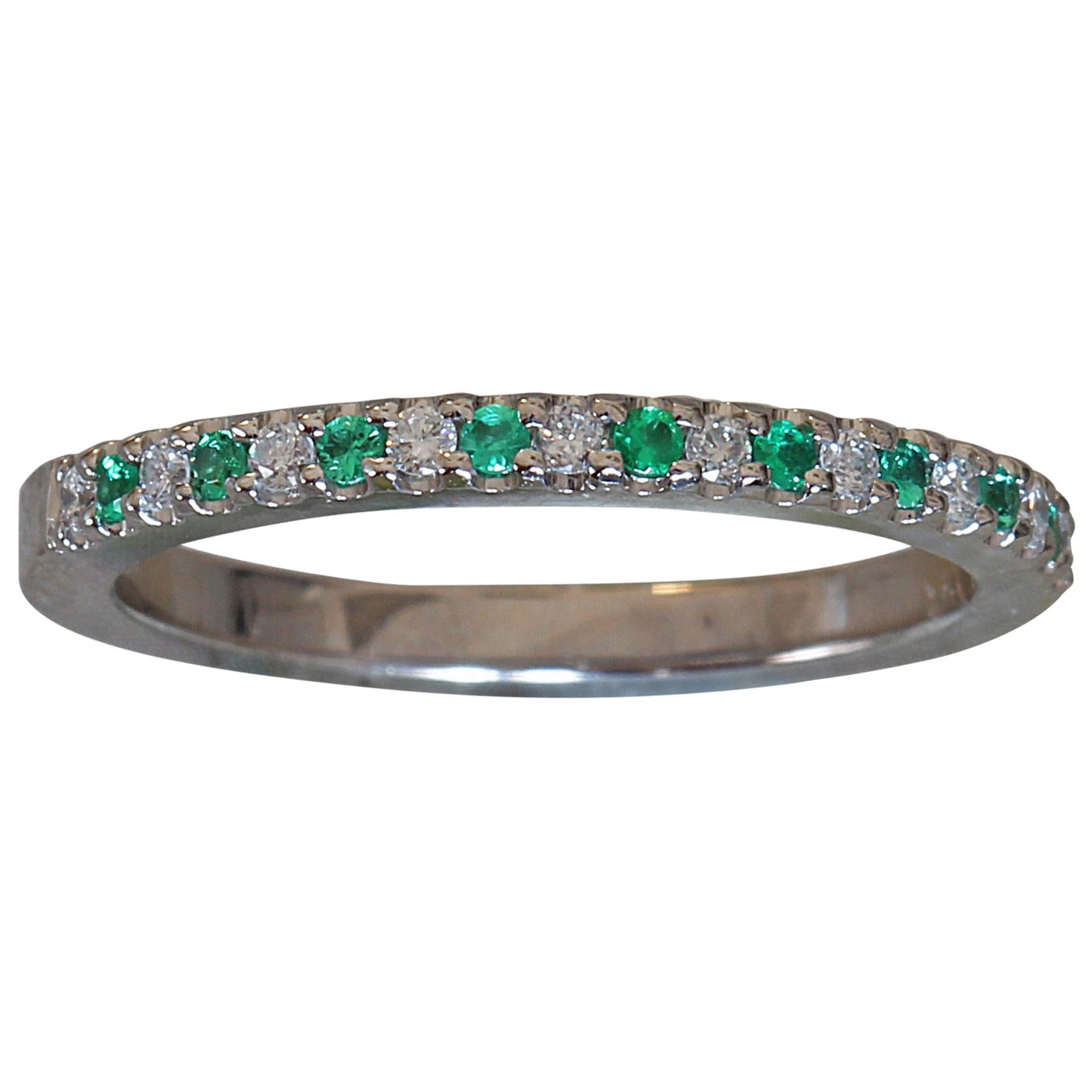 Round Green Emerald and Diamond Eternity Band 14k White Gold- Ben Dannie For Sale
