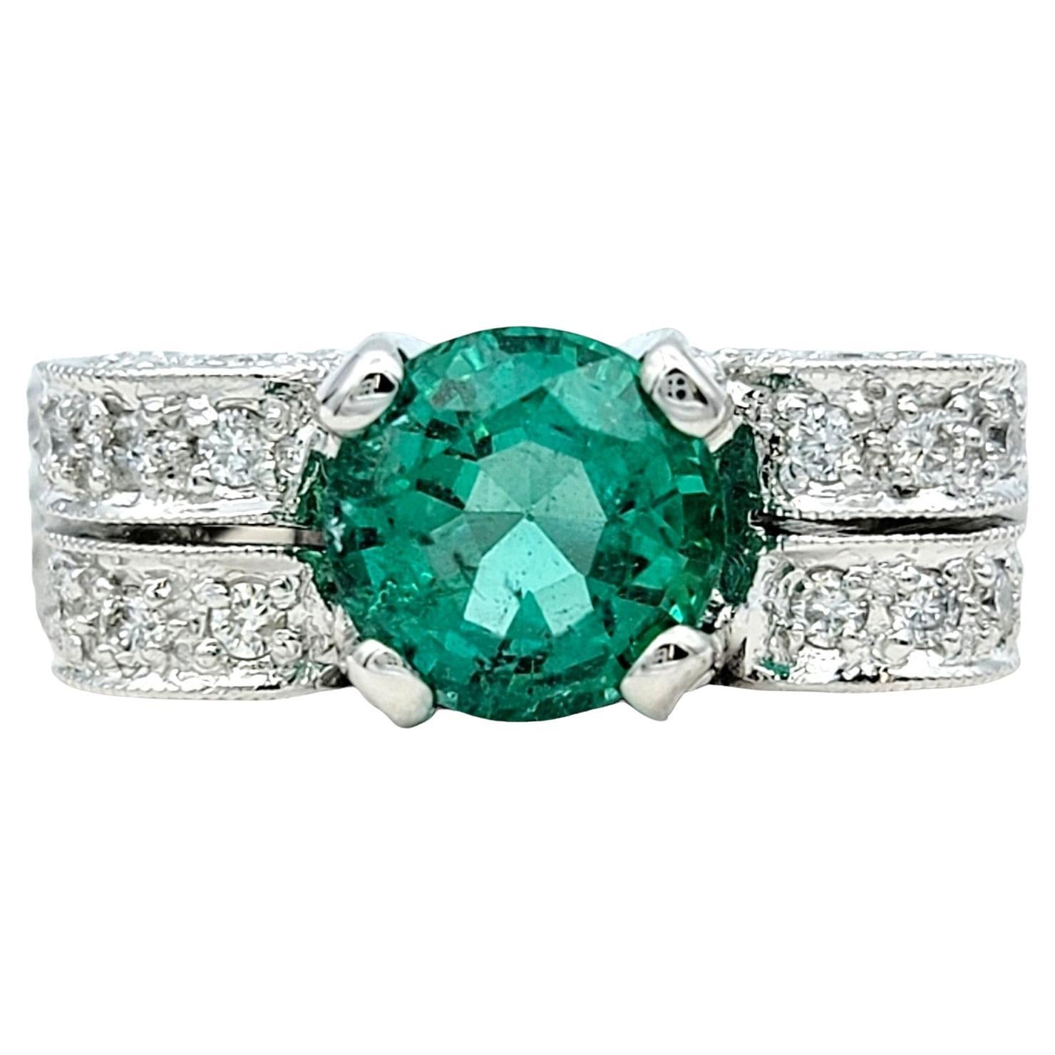Contemporary Round Green Emerald and Diamond Scroll Design Ring with Milgrain 18K White Gold For Sale