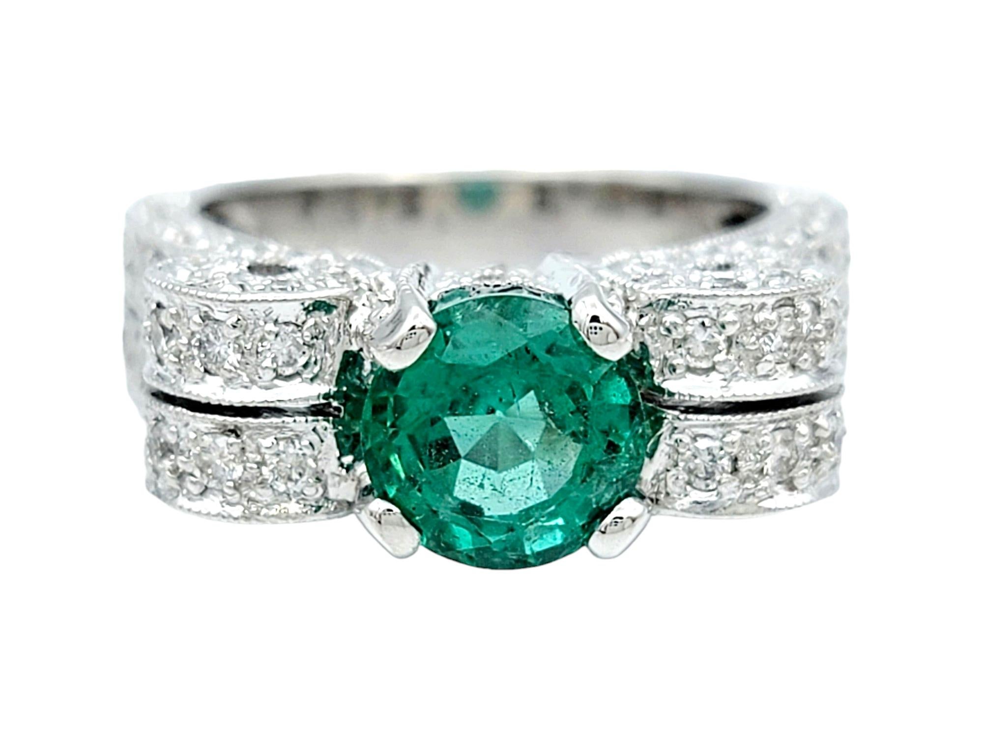 Round Cut Round Green Emerald and Diamond Scroll Design Ring with Milgrain 18K White Gold For Sale