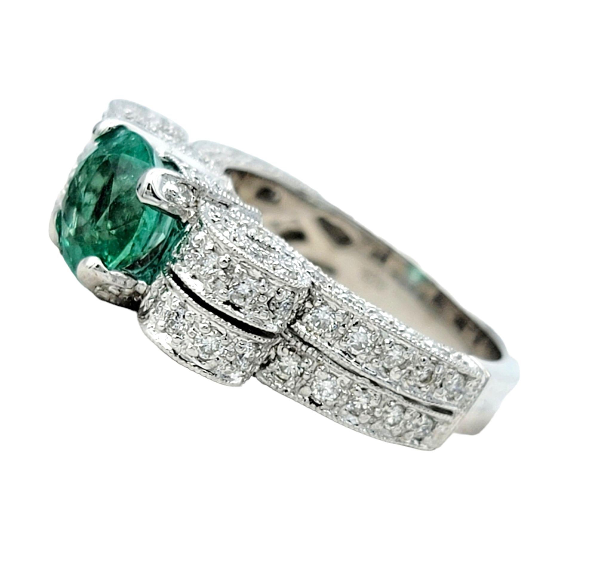 Women's Round Green Emerald and Diamond Scroll Design Ring with Milgrain 18K White Gold For Sale