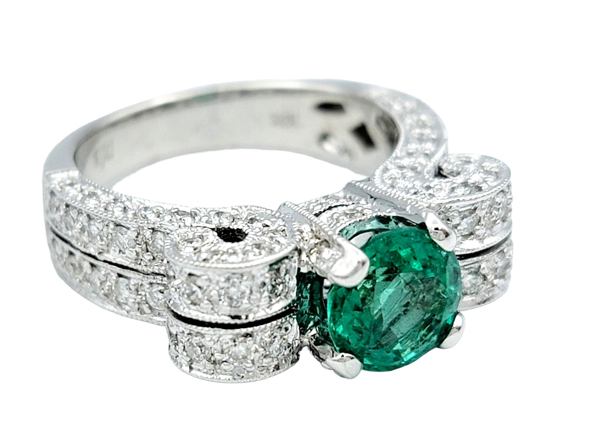 Round Green Emerald and Diamond Scroll Design Ring with Milgrain 18K White Gold For Sale 1