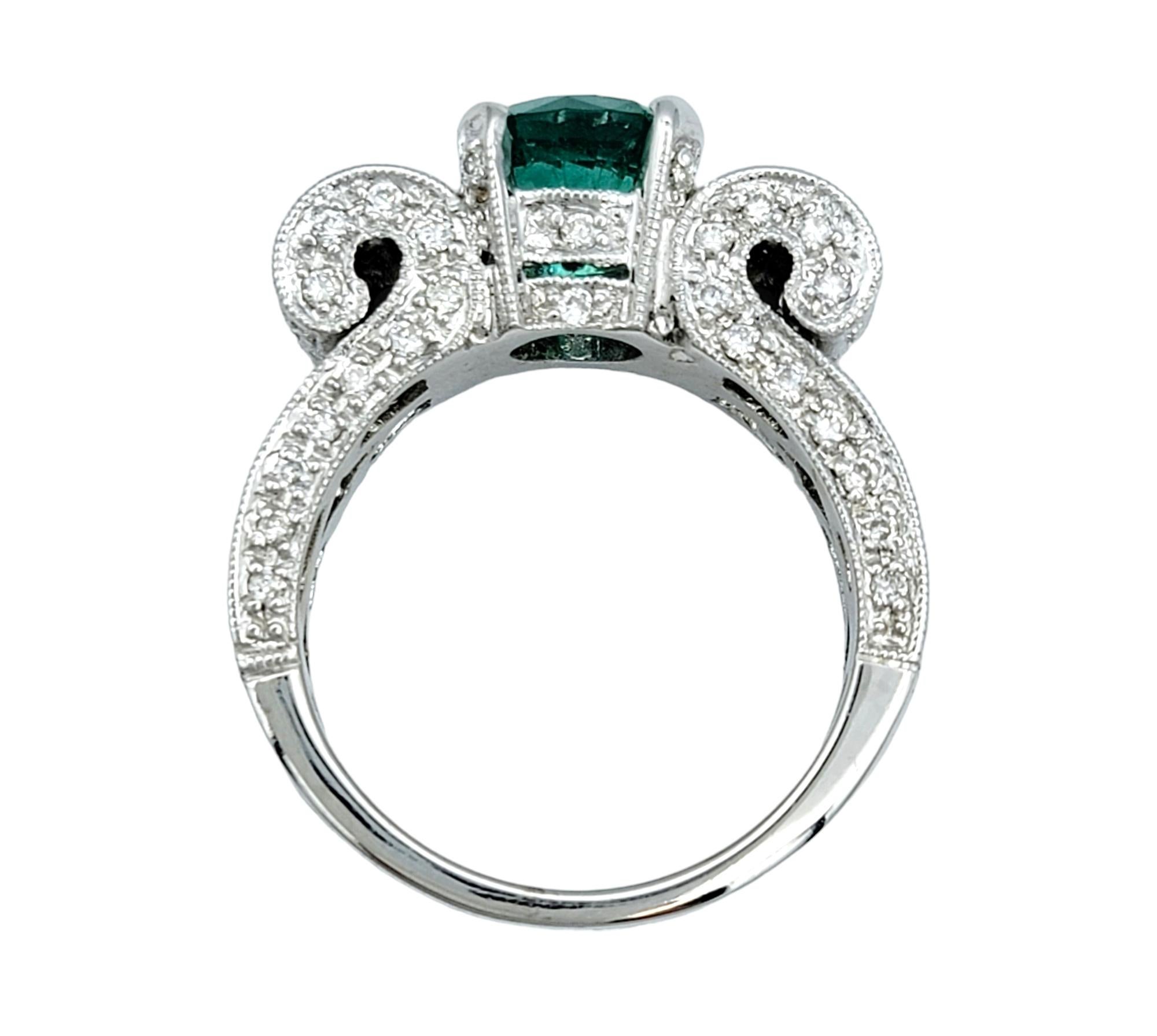 Round Green Emerald and Diamond Scroll Design Ring with Milgrain 18K White Gold For Sale 2