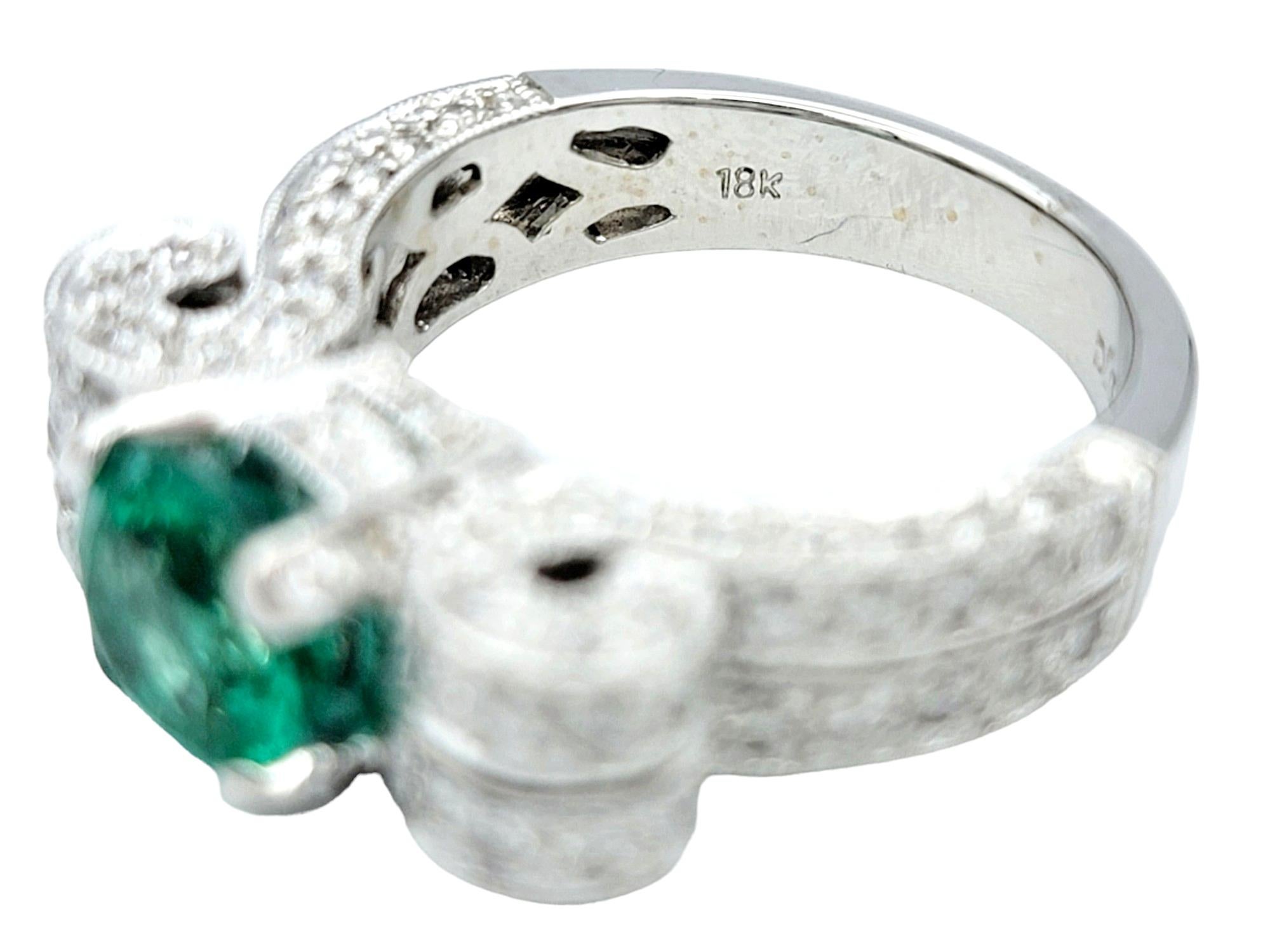 Round Green Emerald and Diamond Scroll Design Ring with Milgrain 18K White Gold For Sale 3