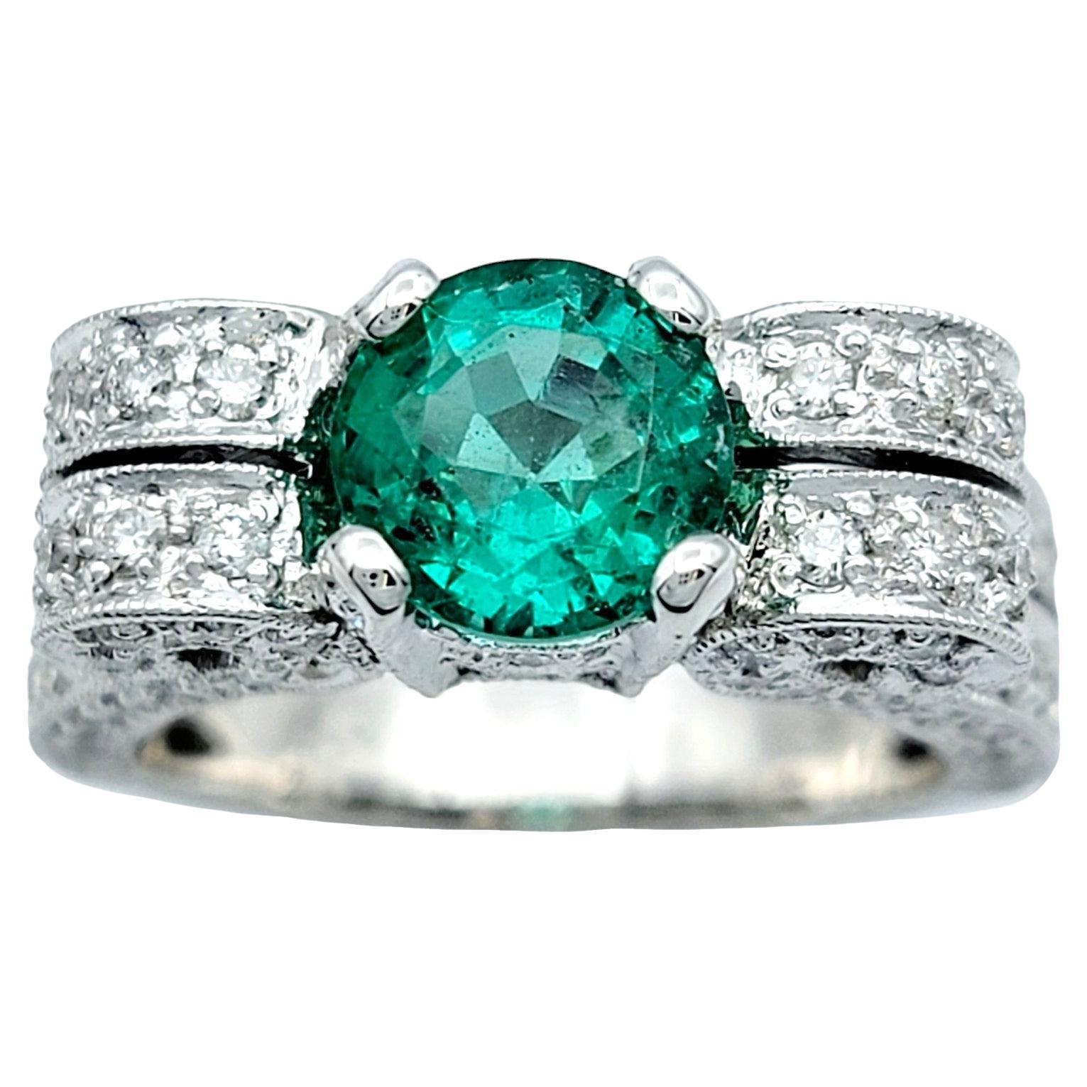 Round Green Emerald and Diamond Scroll Design Ring with Milgrain 18K White Gold For Sale