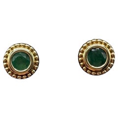 Round Green Emerald Stud Earrings 10kt Yellow Gold 4mm Beaded New