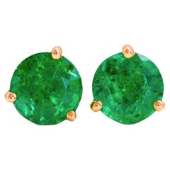 Round Green Emerald Stud Earrings in 18k Yellow Gold