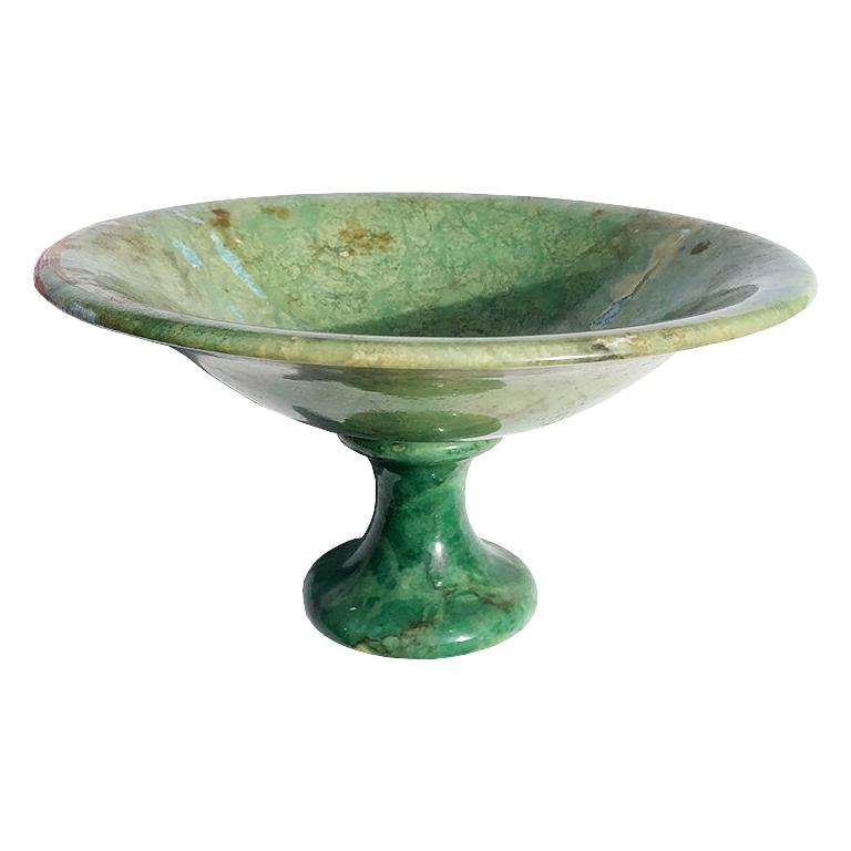 Round Green Jade Look Serpentine Stone Pedestal Bowl or Platter Italy 1970s