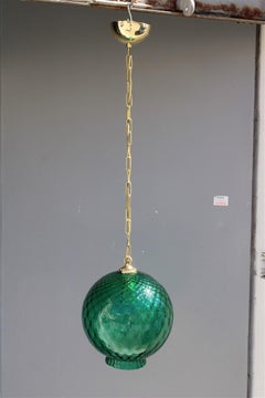 Round Green Lantern Italian Design Murano Glass Brass Parts Venini, 1950s