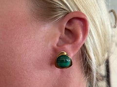 Round Green Malachite Gold Triangle Earrings 14K Yellow Gold
