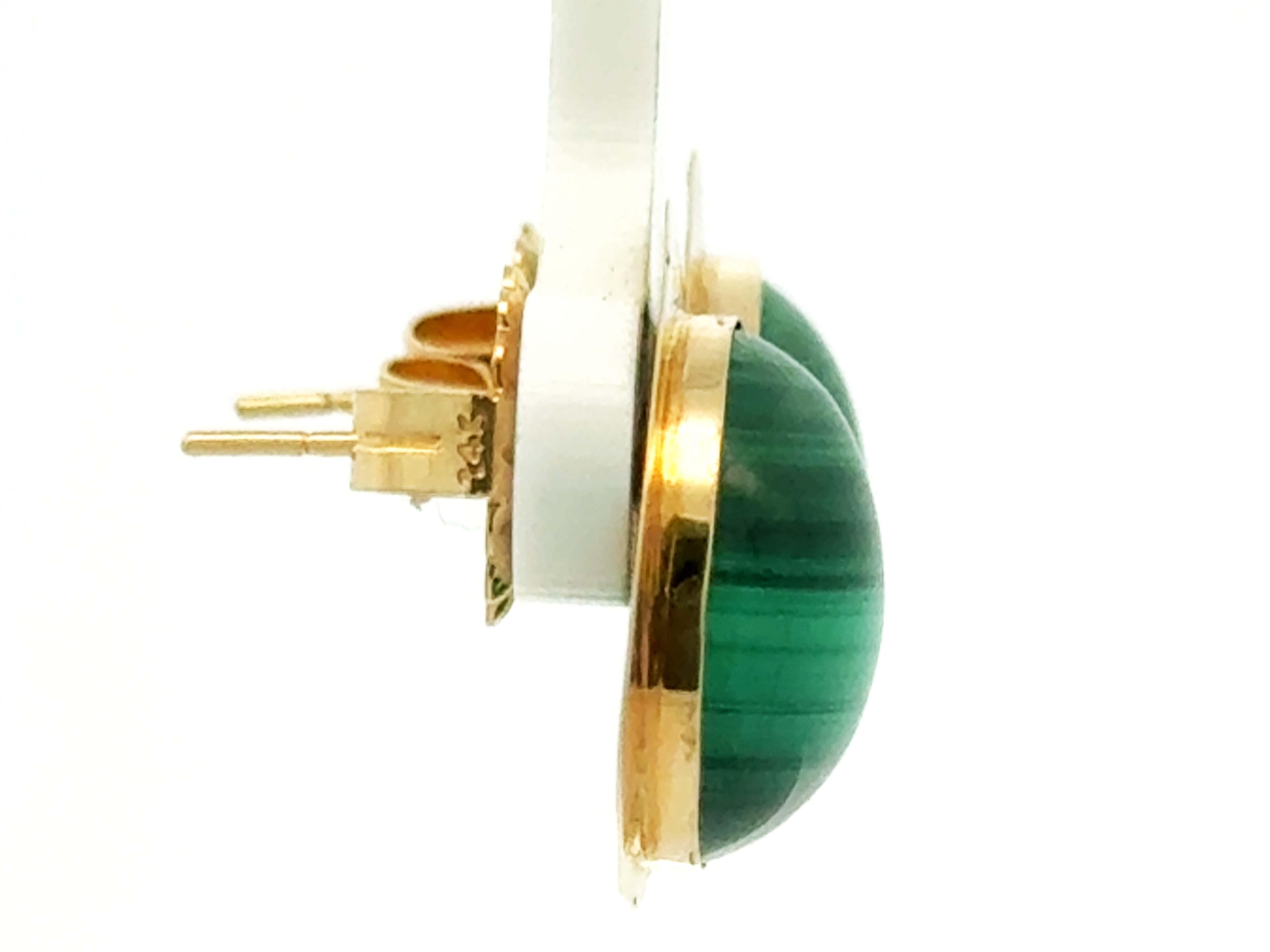 Cabochon Round Green Malachite Gold Triangle Earrings 14K Yellow Gold For Sale
