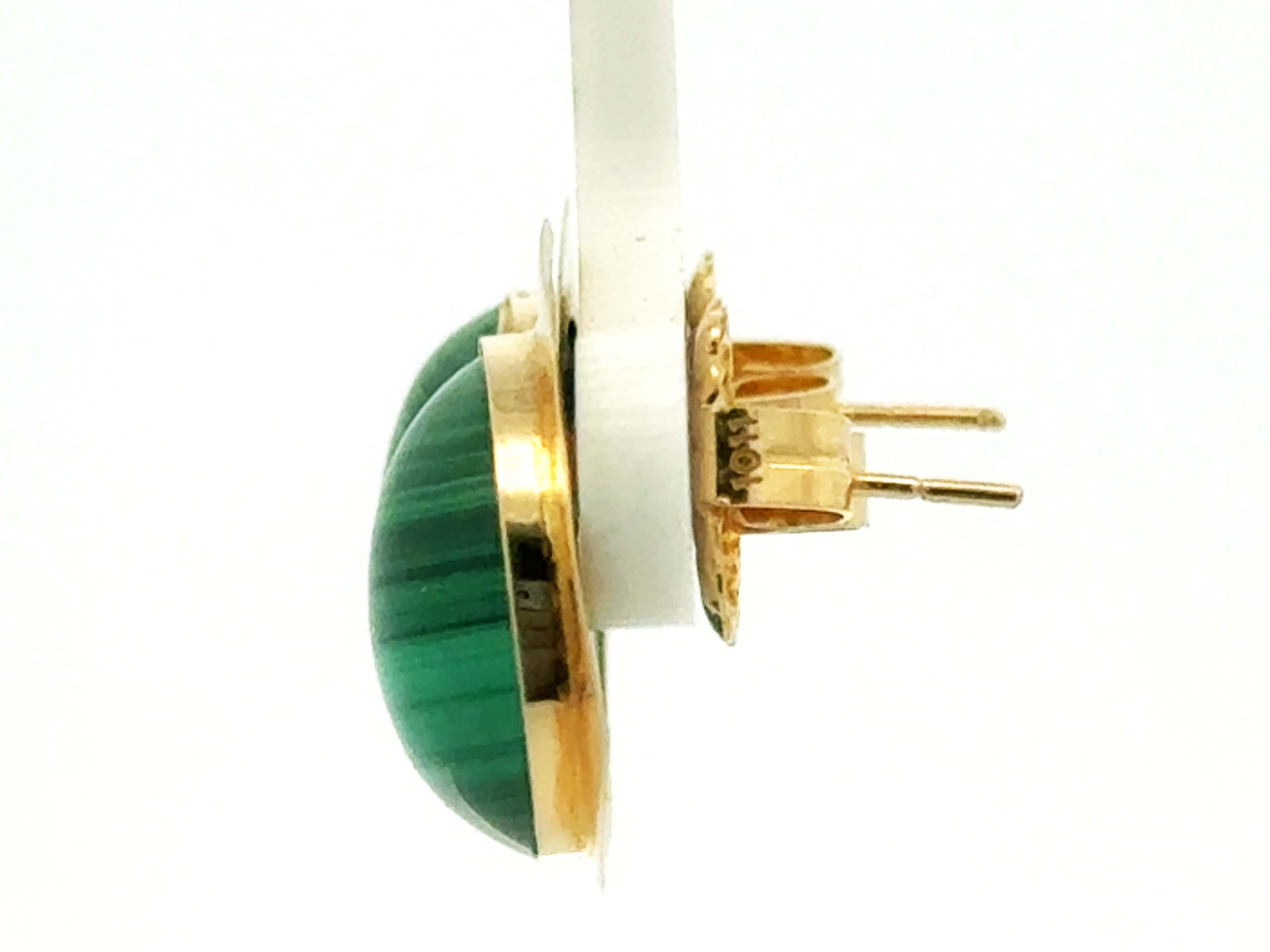 Round Green Malachite Gold Triangle Earrings 14K Yellow Gold In Excellent Condition For Sale In Honolulu, HI