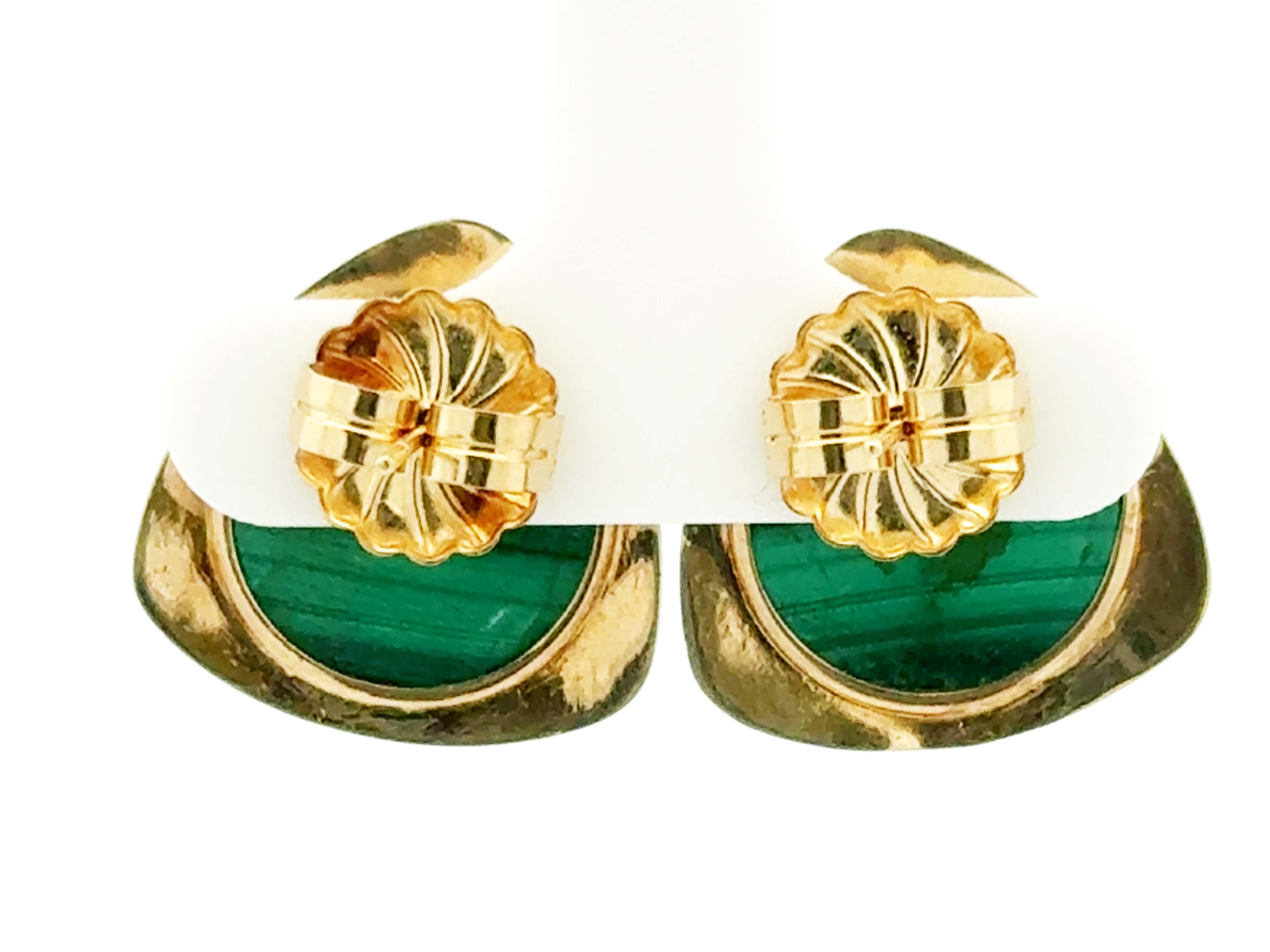Women's Round Green Malachite Gold Triangle Earrings 14K Yellow Gold For Sale