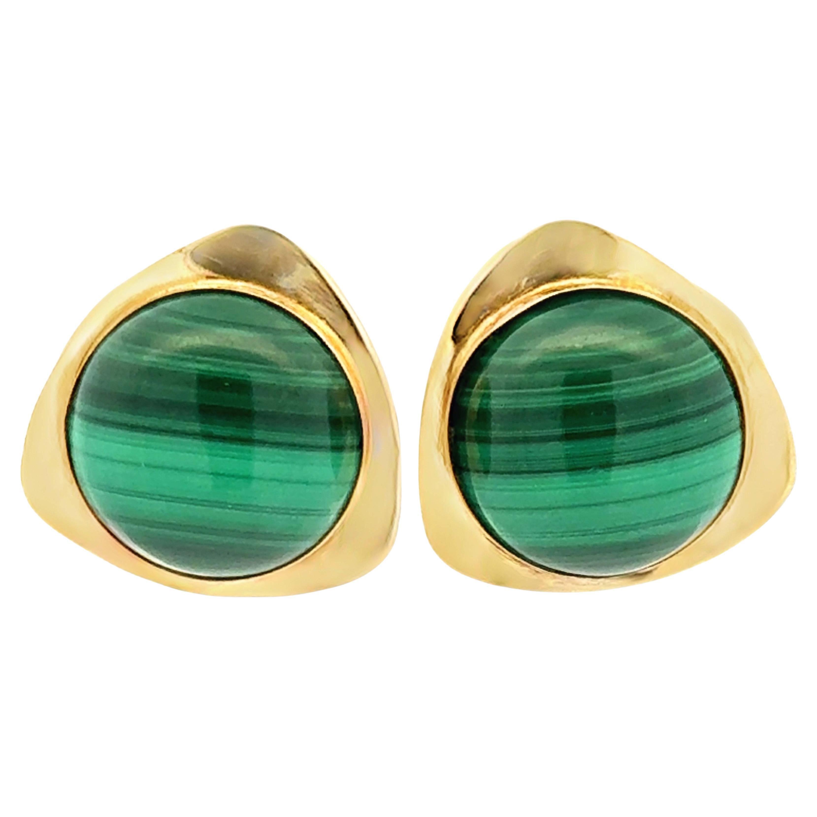 Round Green Malachite Gold Triangle Earrings 14K Yellow Gold
