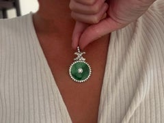 Round Green Mottled Jade and Diamond Halo Pendant 14k White Gold