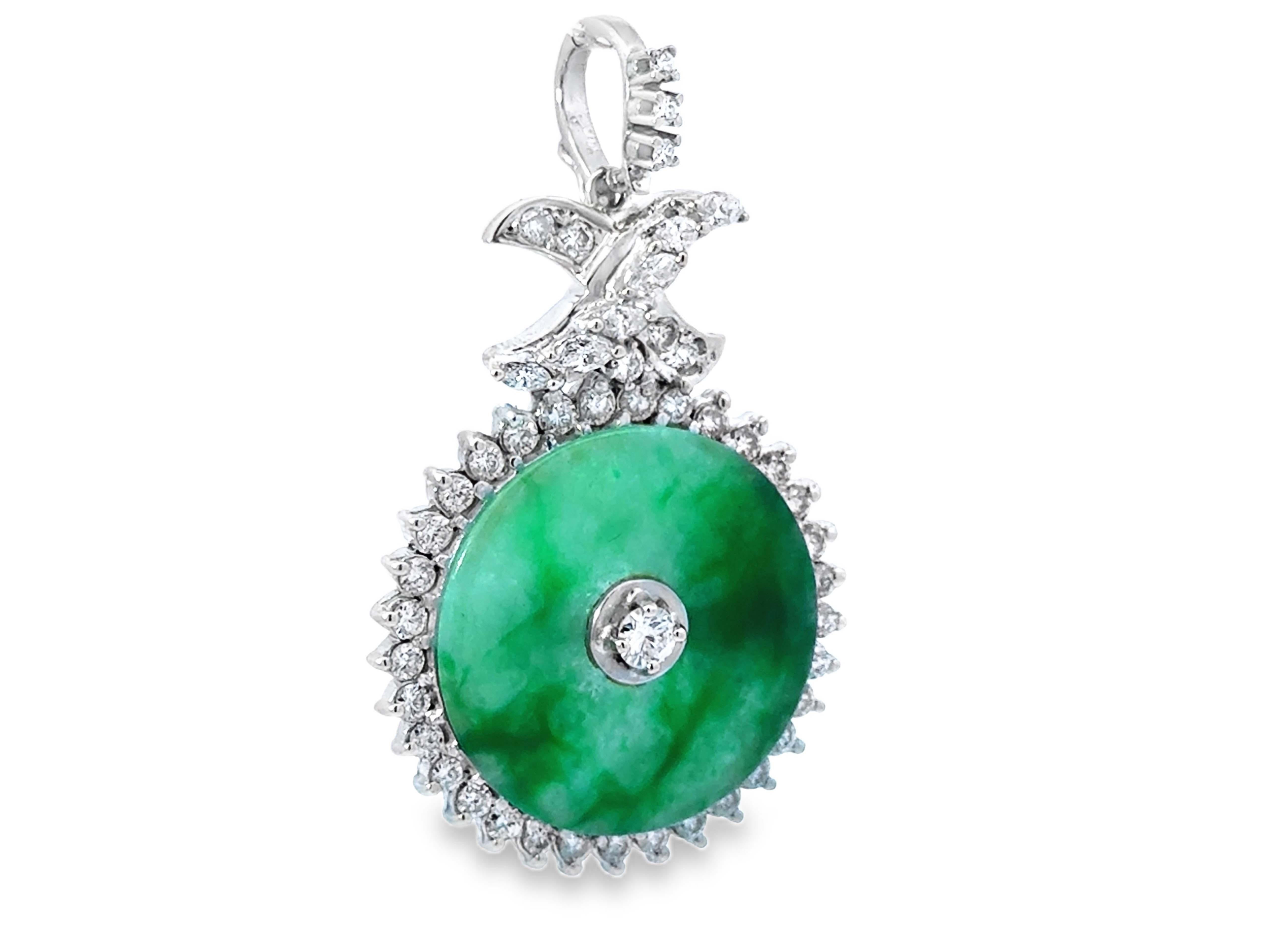 Modern Round Green Mottled Jade and Diamond Halo Pendant 14k White Gold For Sale