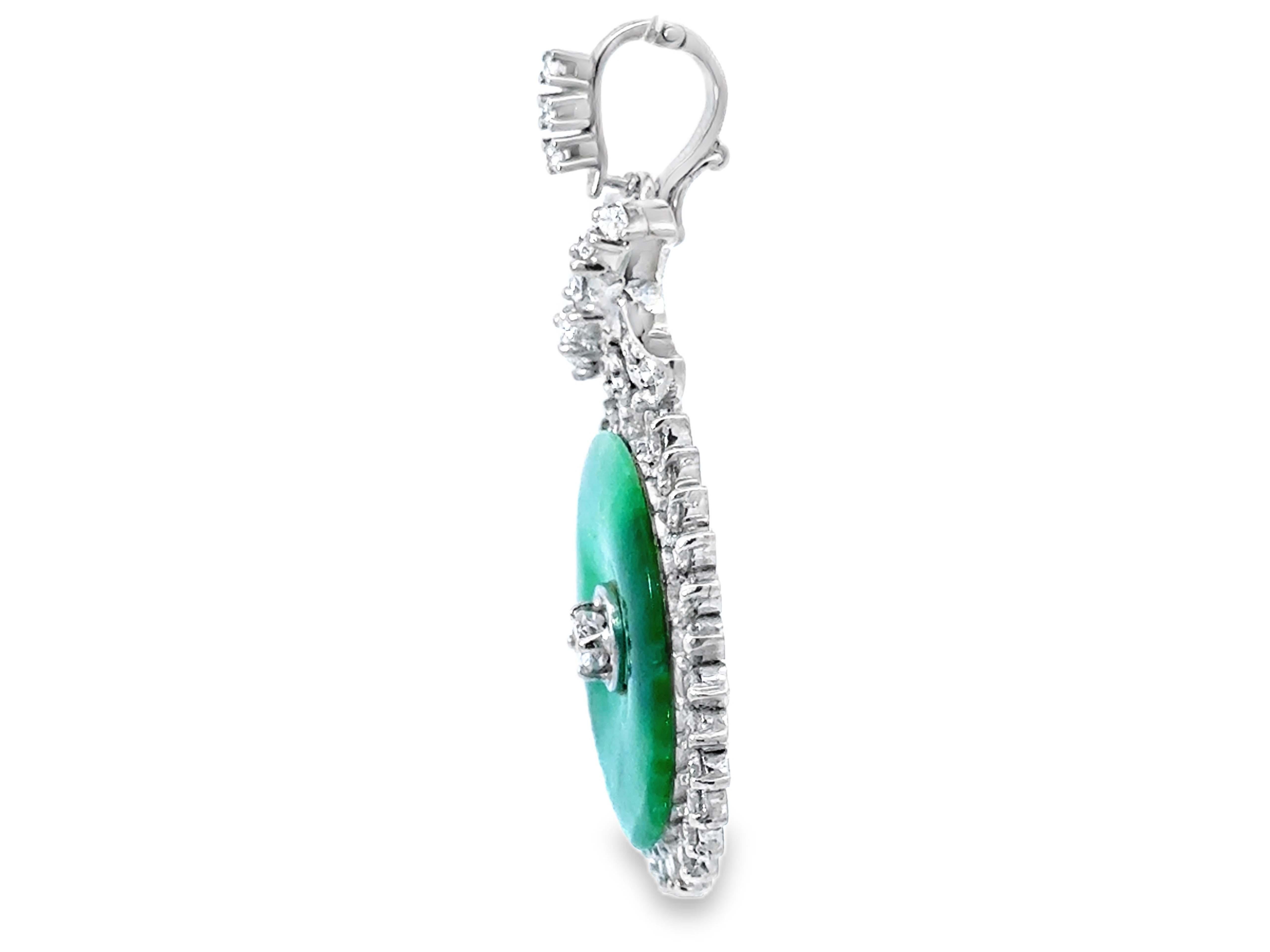 Women's Round Green Mottled Jade and Diamond Halo Pendant 14k White Gold For Sale