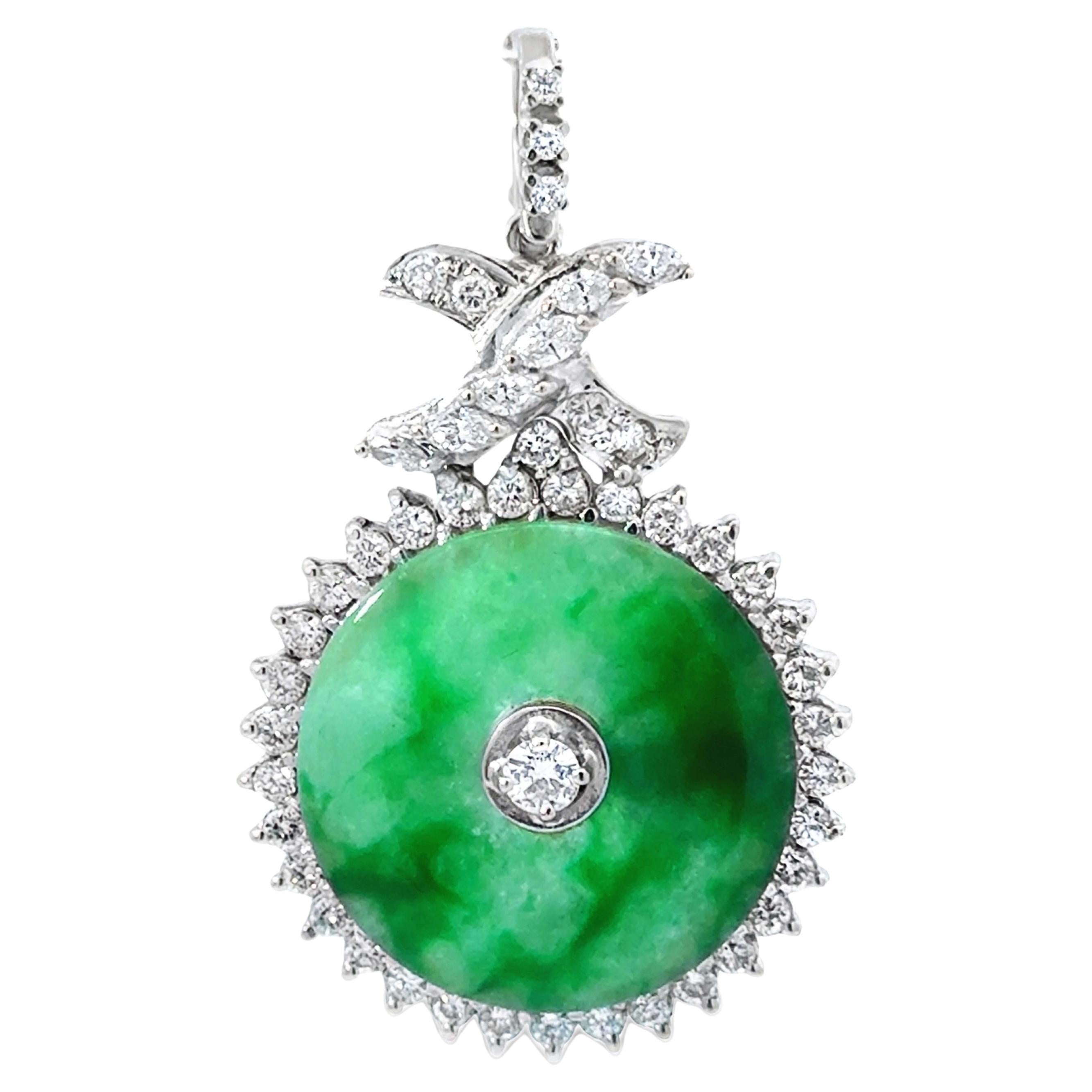 Round Green Mottled Jade and Diamond Halo Pendant 14k White Gold For Sale