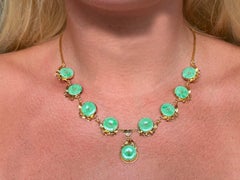 Round Green Mottled Jade Disc Necklace 14k Yellow Gold