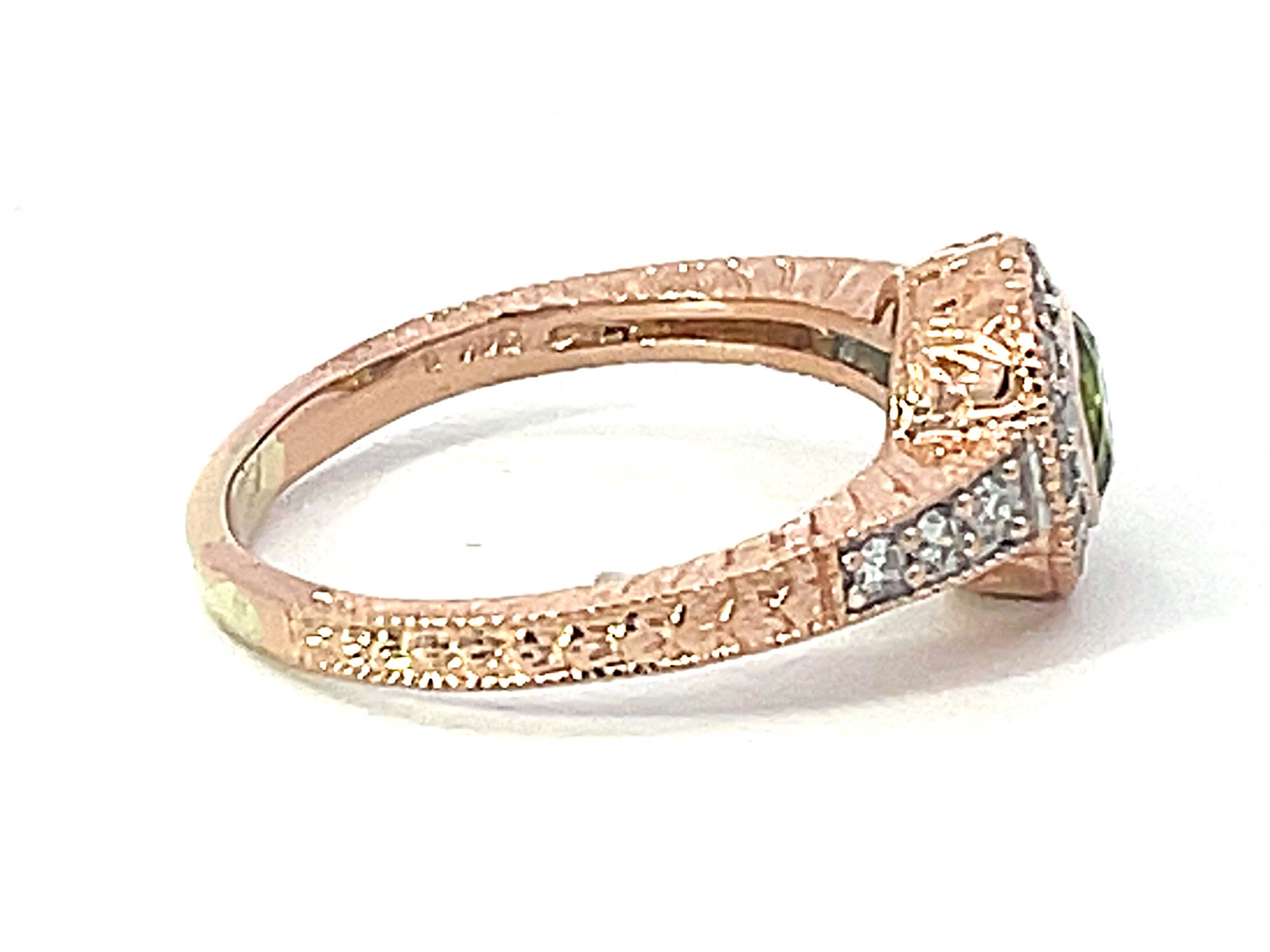 Modern Round Green Peridot and Diamond Halo Ring in 14k Pink Gold For Sale