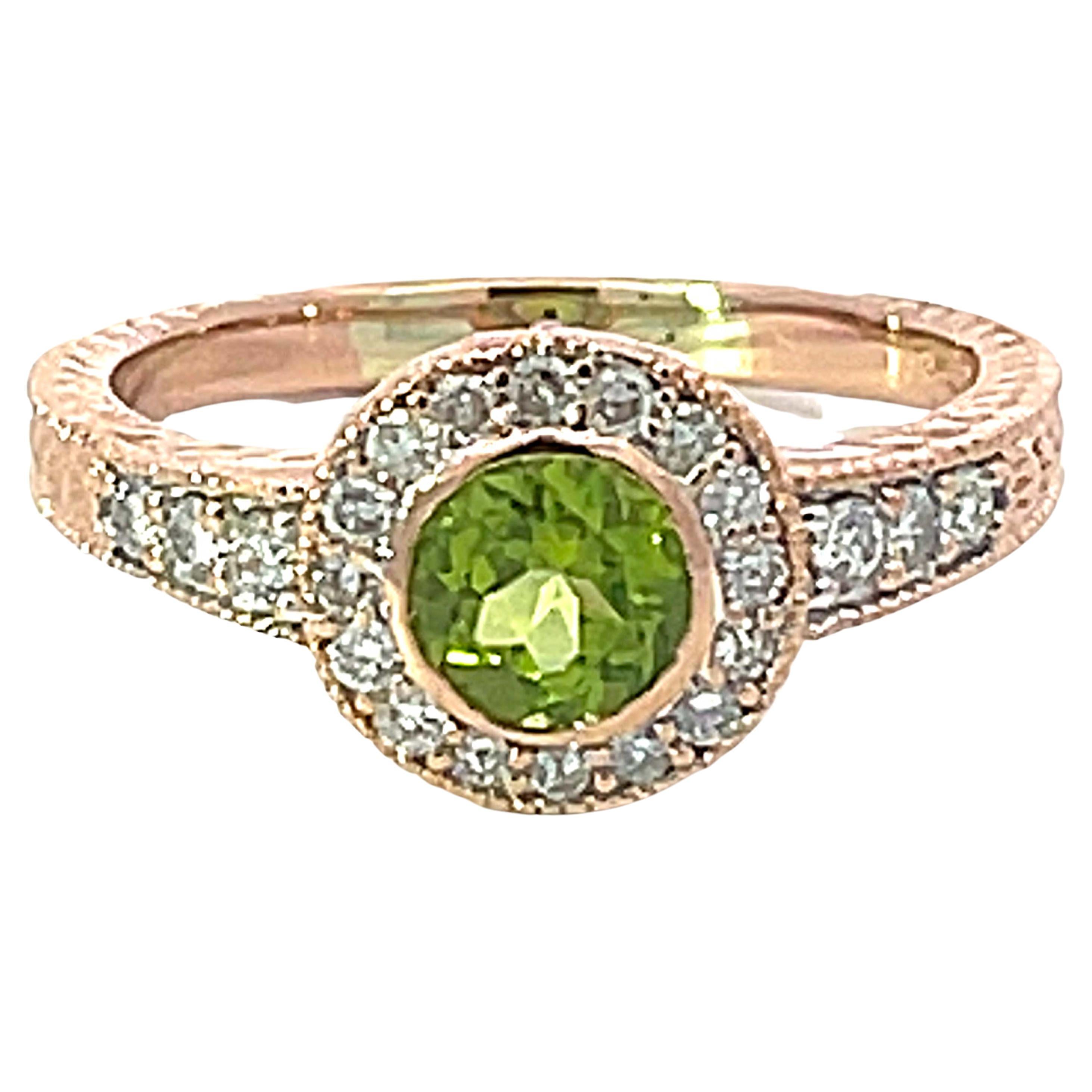 Round Green Peridot and Diamond Halo Ring in 14k Pink Gold For Sale