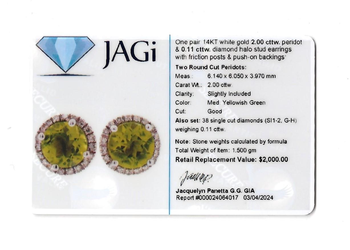 Round Green Peridot and Diamond Halo Stud Earrings Set in 14 Karat White Gold For Sale 4