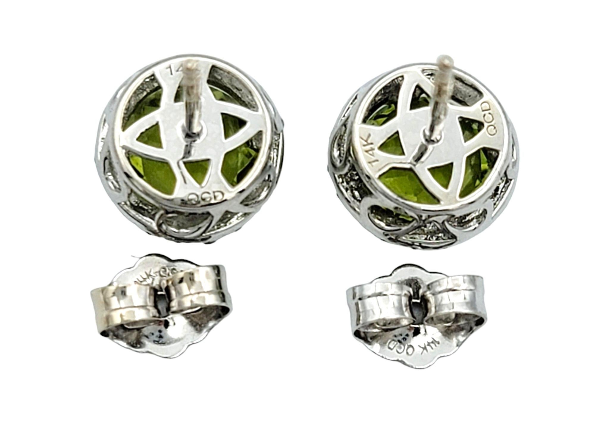 Women's or Men's Round Green Peridot and Diamond Halo Stud Earrings Set in 14 Karat White Gold For Sale