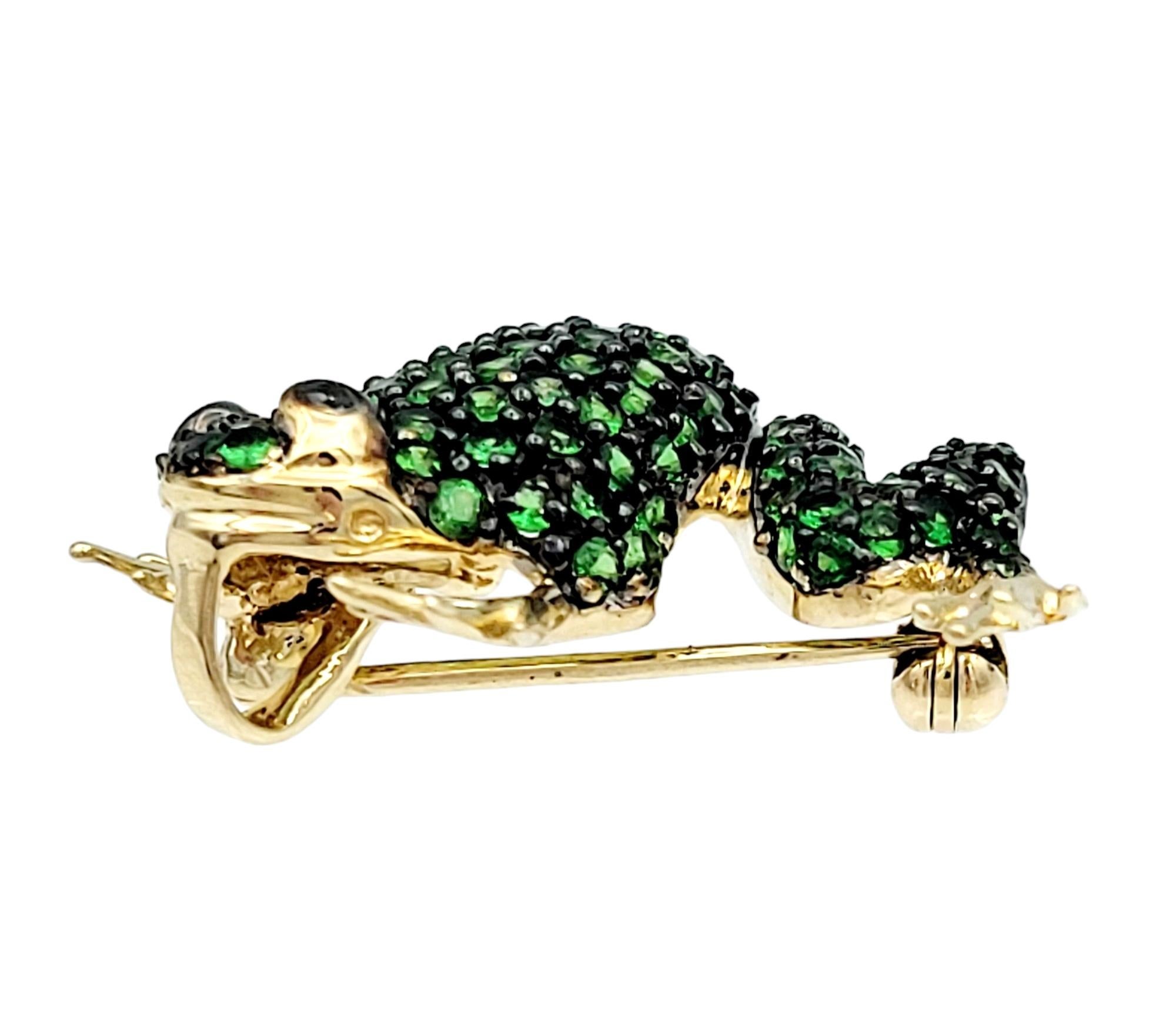 Contemporary Round Green Tsavorite Embellished Frog Brooch / Pendant in 14 Karat Yellow Gold
