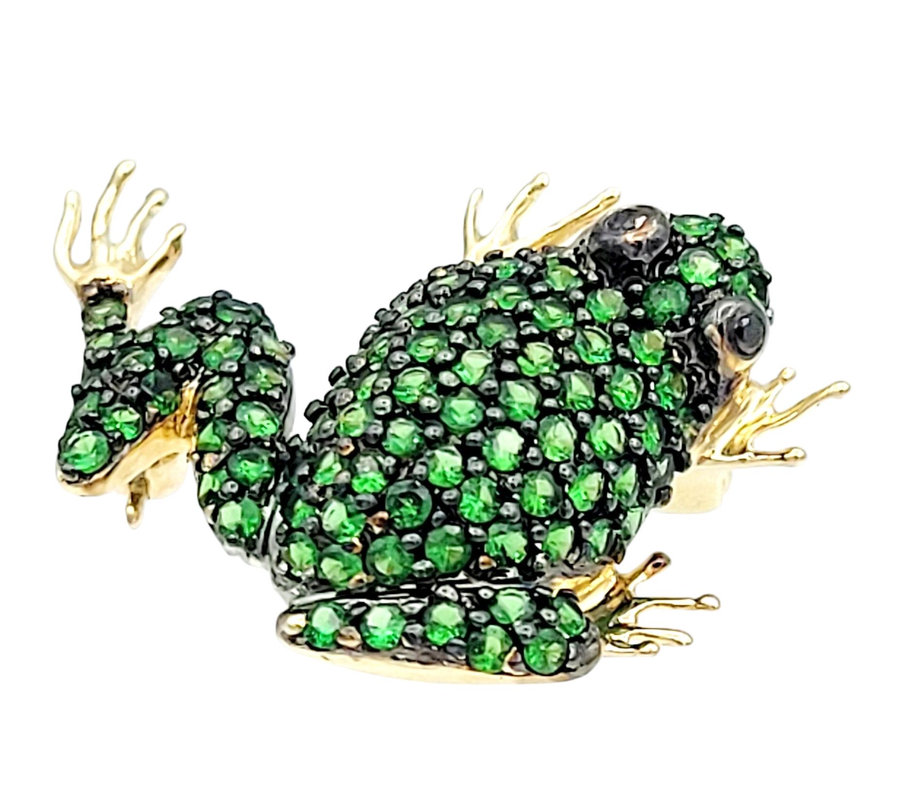Round Cut Round Green Tsavorite Embellished Frog Brooch / Pendant in 14 Karat Yellow Gold