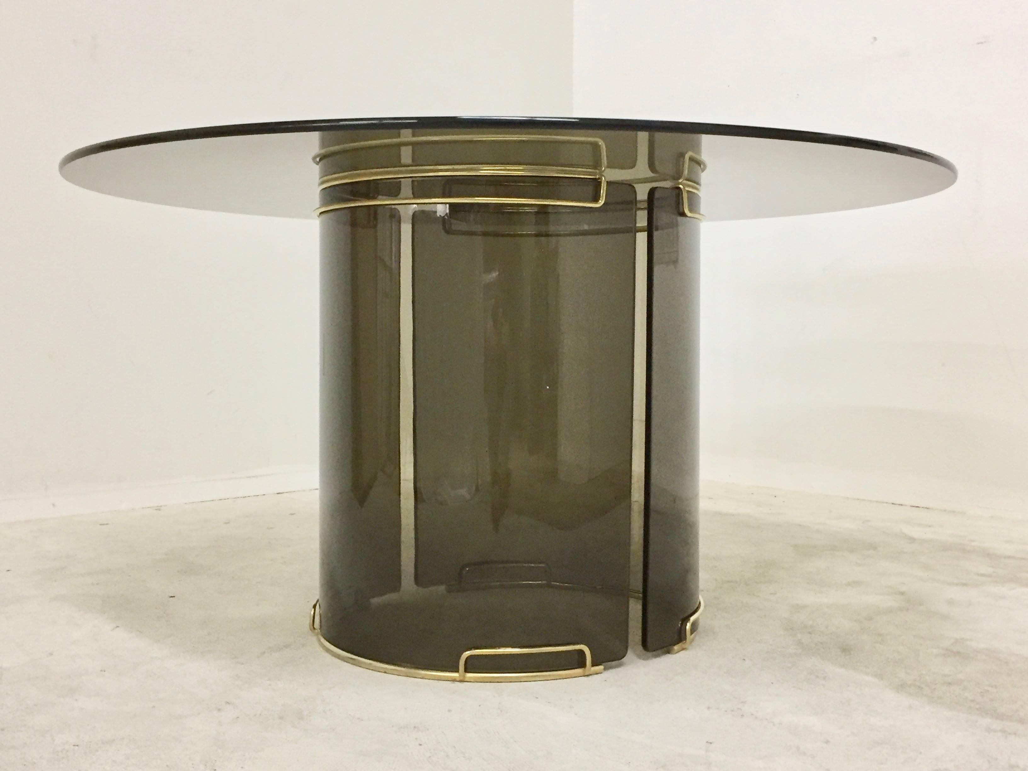 Round Grey Smoky Glass Dining Table with Curved Glass Base and Brass Fittings In Good Condition For Sale In Palm Springs, CA