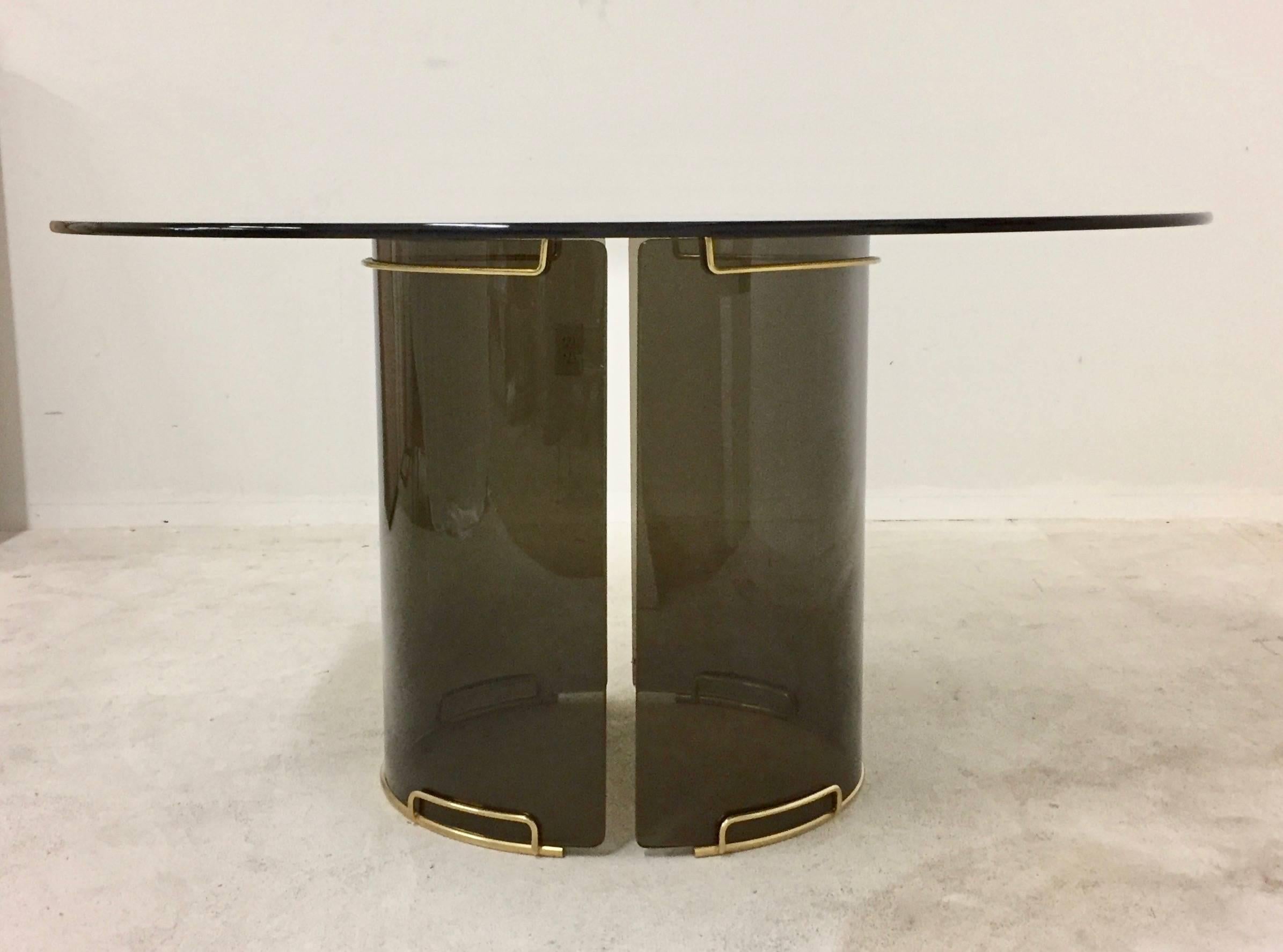 Round Grey Smoky Glass Dining Table with Curved Glass Base and Brass Fittings For Sale 1