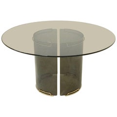Round Grey Smoky Glass Dining Table with Curved Glass Base and Brass Fittings