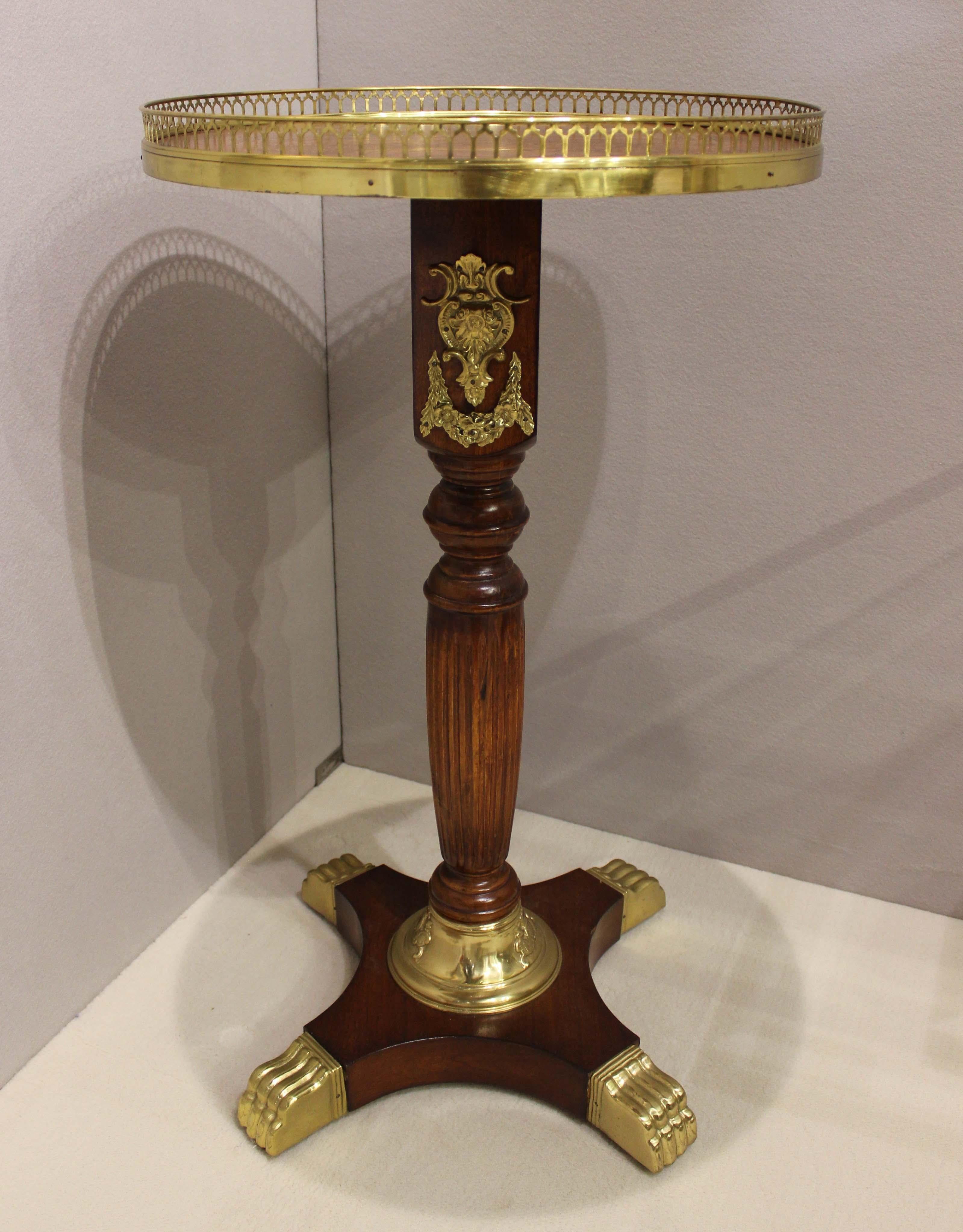 Mahogany PAIR, Round Gueridon, Inlaid, Brass Gallery. For Sale