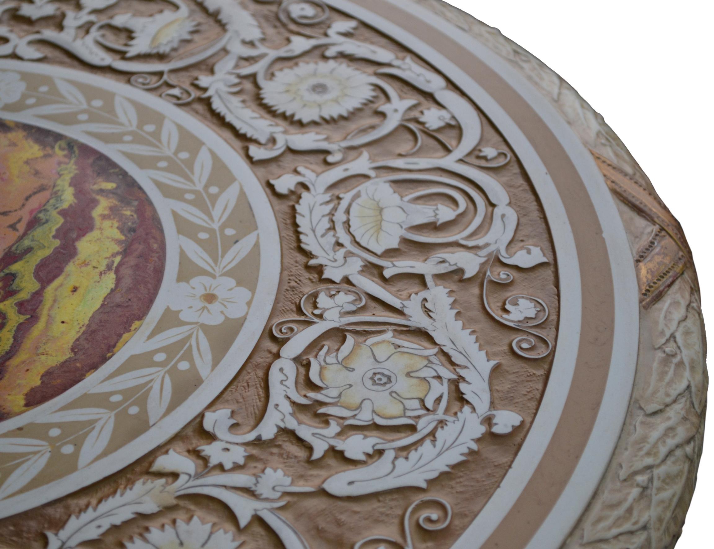 Empire Round Gueridon Table Handmade Scagliola Art Bas-Relief Decoration Iron Base
