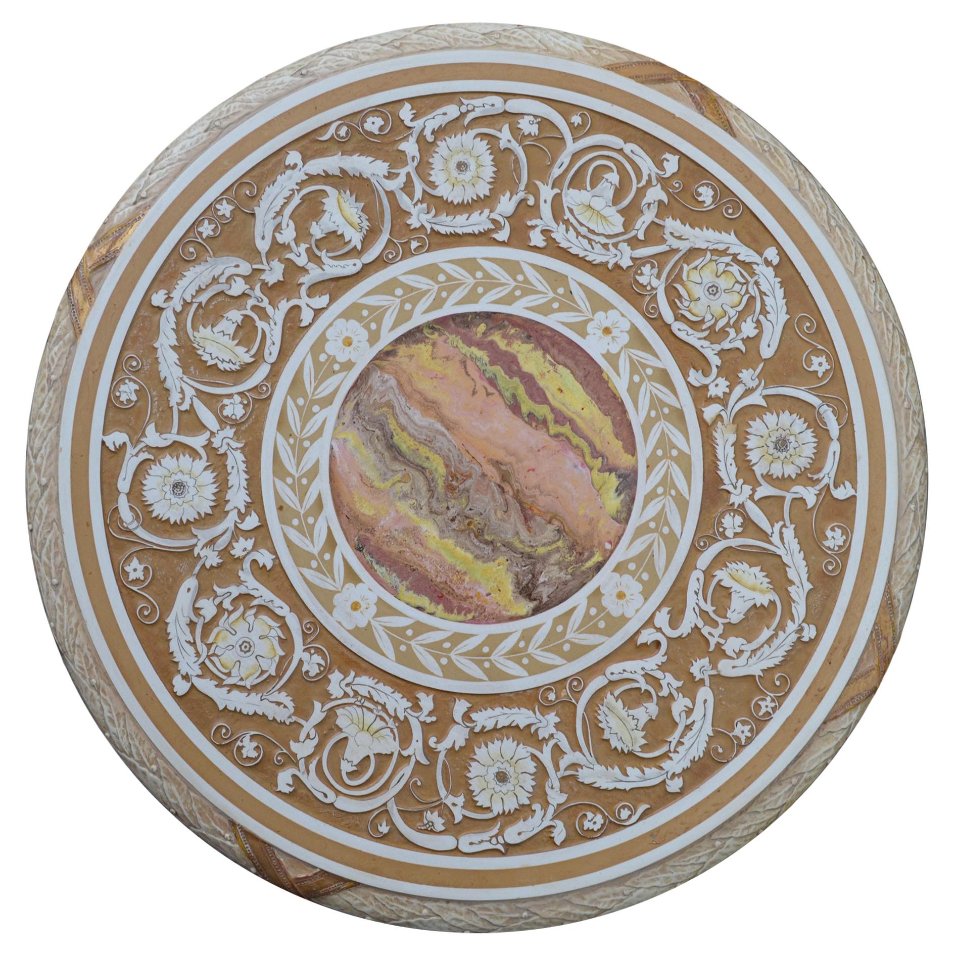 Round Gueridon Table Handmade Scagliola Art Bas-Relief Decoration Iron Base