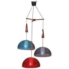 Round Guzzini Chandelier Red Blue Wood Mahogany Italian Design 1960s Plexiglass
