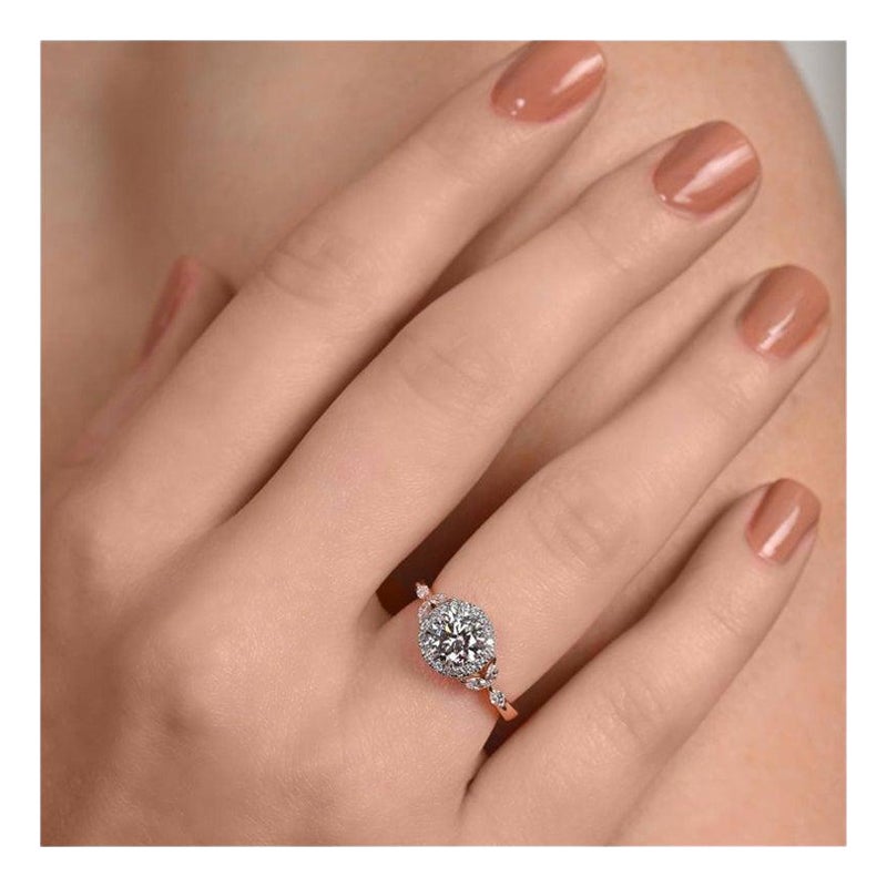 Runde Halo Bay Leaf Moissanite Ring 925 Sterling Silber Solitär Ring für Frauen im Angebot