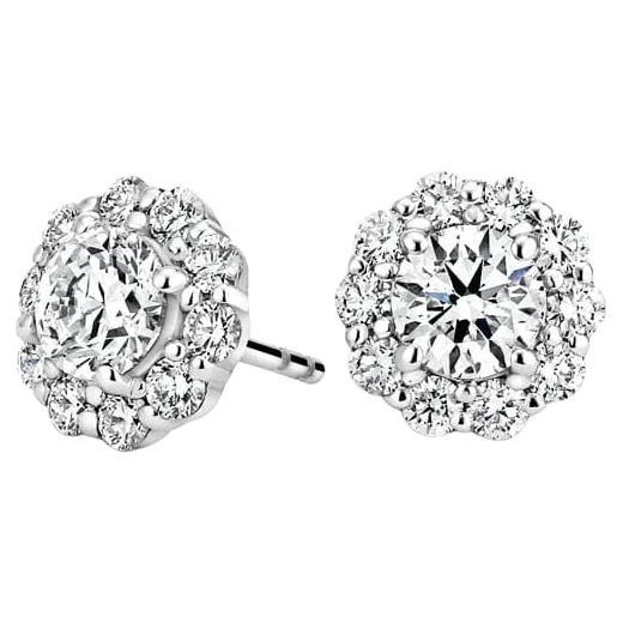Boucles d'oreilles en or blanc 18K avec diamant halo rond