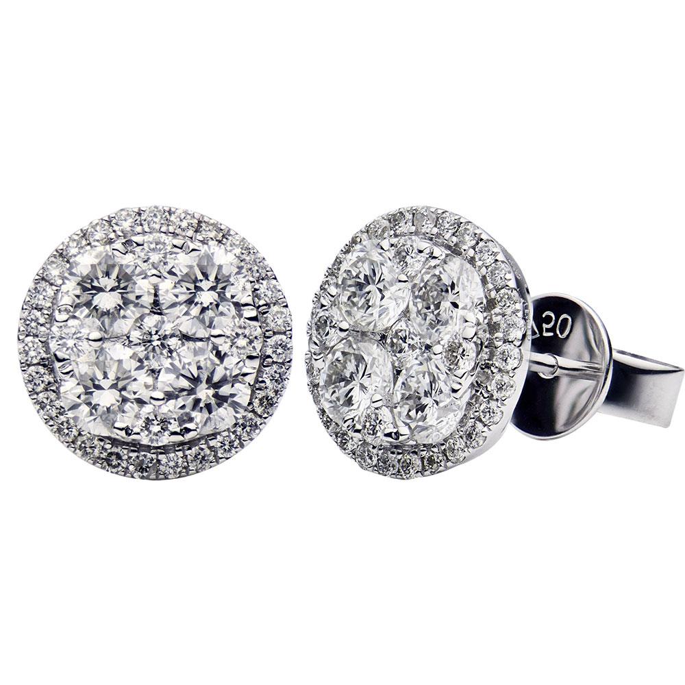 These stunning diamond earrings are made of 8D, 1.50ct and 64D, 0.48ct round SI, H color diamonds to create a beautiful 11mm round diamond with a halo. There is a total of 1.98 carat diamonds with 3.1 grams of 14 karat white gold. These earrings are