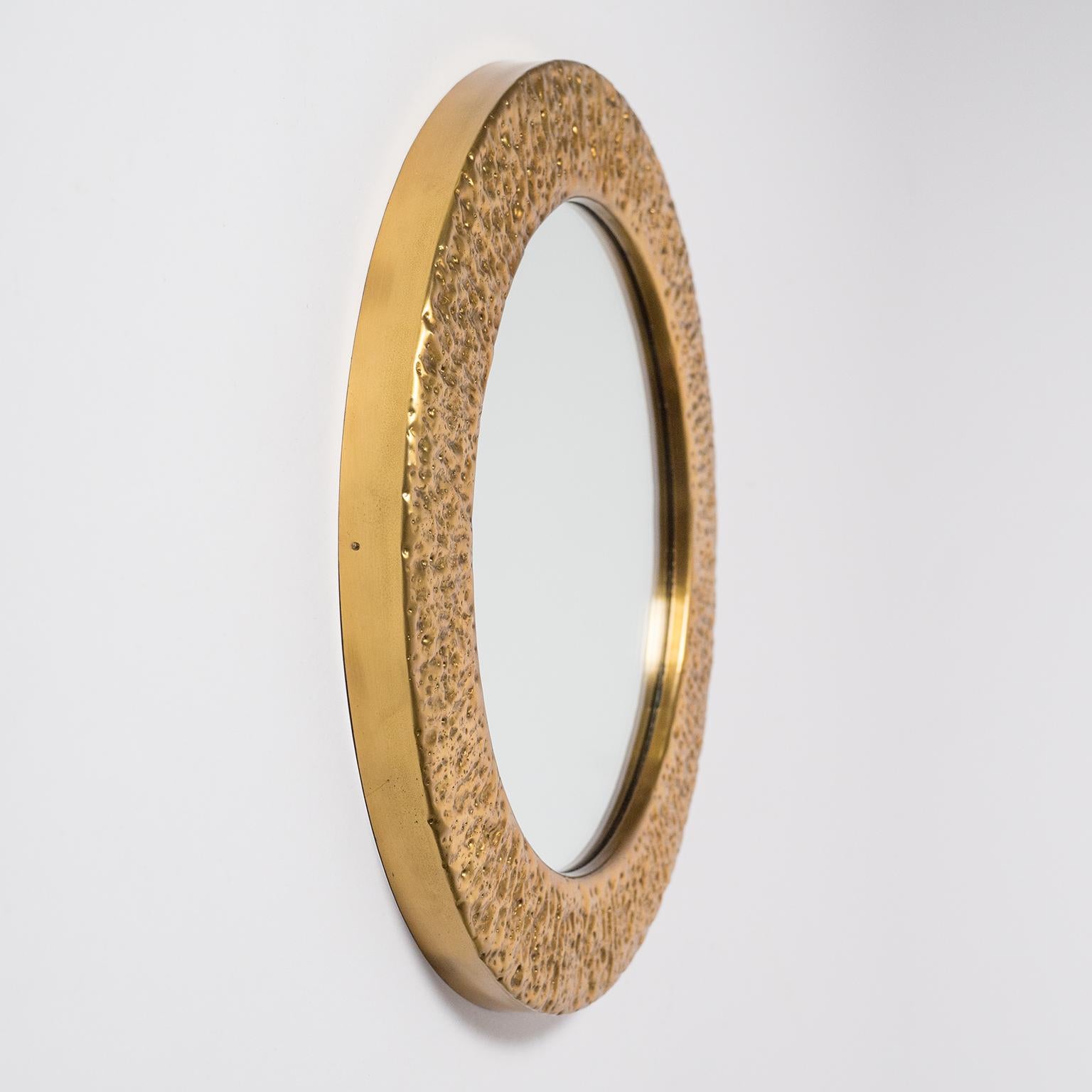 Mid-Century Modern Round Hammered Brass Mirror, circa 1960 For Sale