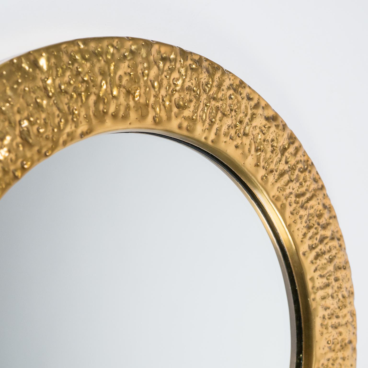 German Round Hammered Brass Mirror, circa 1960 For Sale