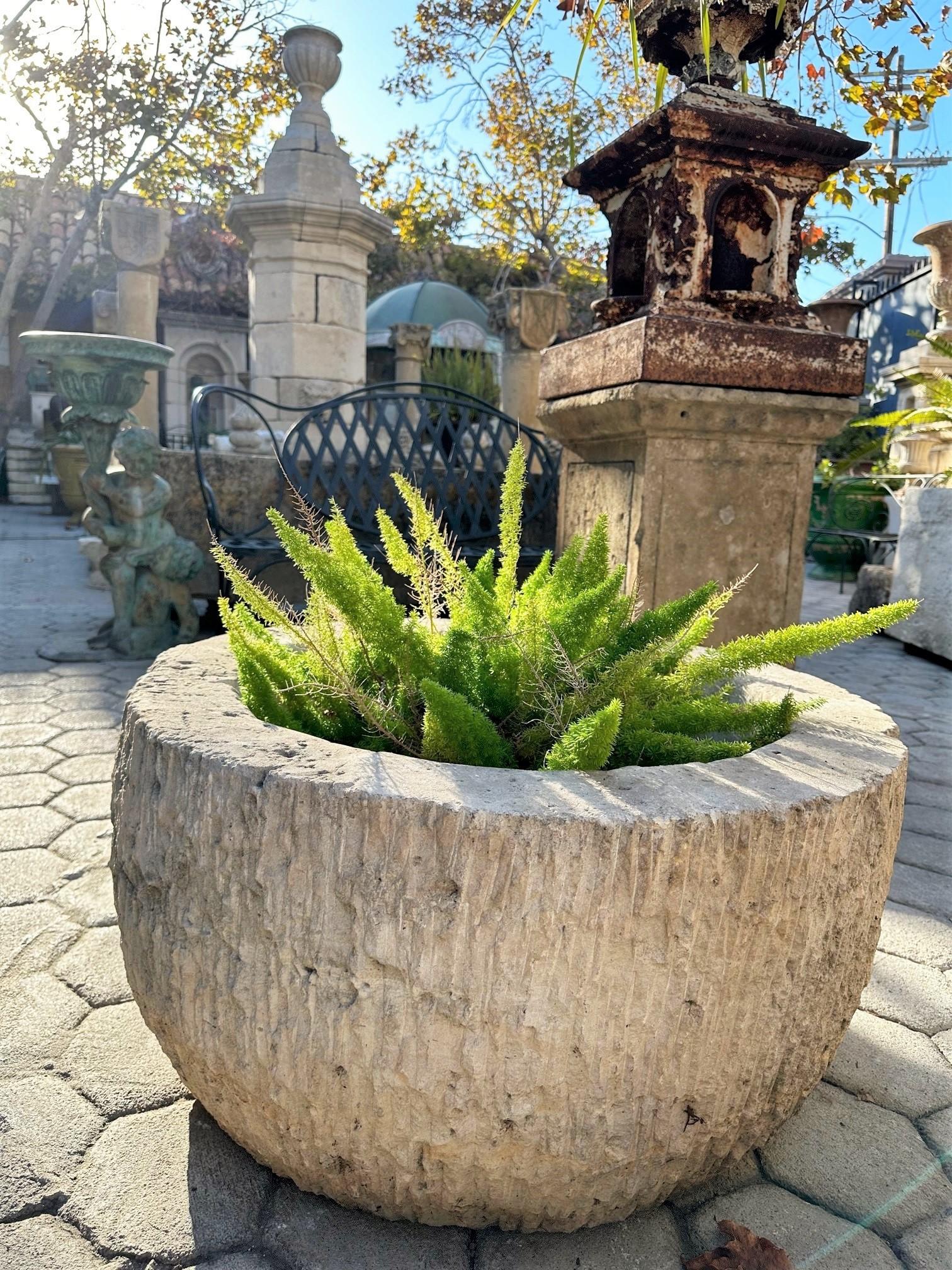 Round hand carved fountain basin container trough planter vessel jardinière CA . Exquisite round hand carved stone water fountain basin. This water Container could be installed with a simple bronze spout or a carved stone fountainhead, we have many
