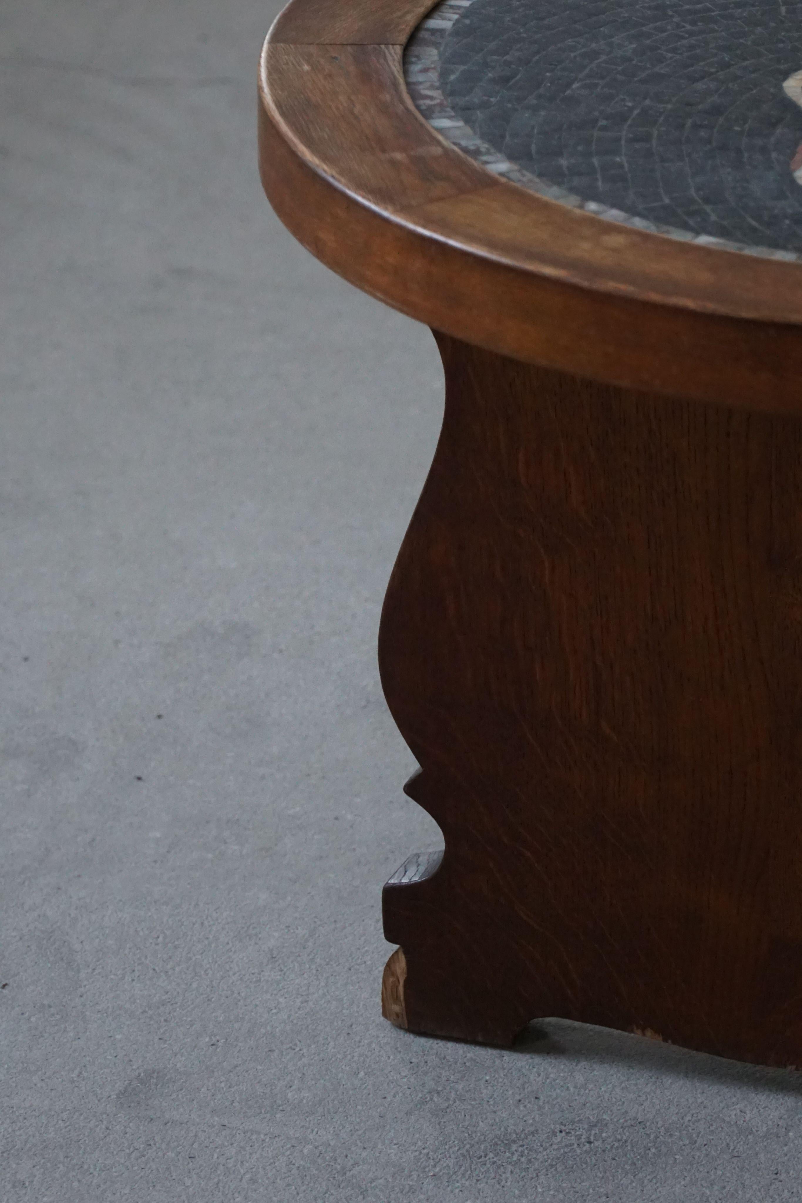 Round Hand-Carved Side Table in Oak with Mosaic Tile Top, Danish Modern, 1950s For Sale 5