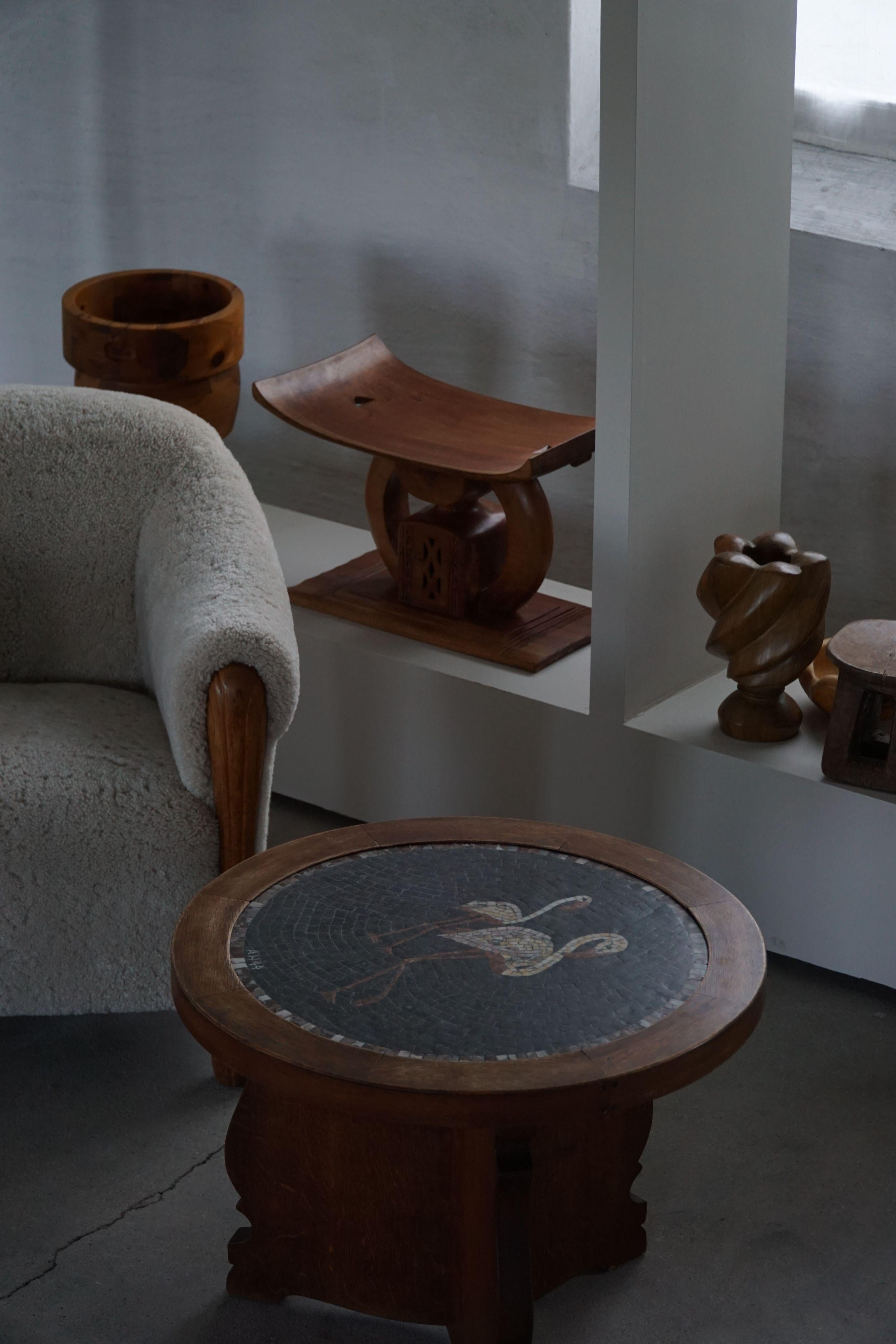 Round Hand-Carved Side Table in Oak with Mosaic Tile Top, Danish Modern, 1950s For Sale 6